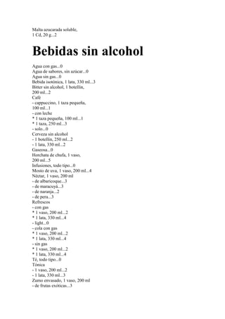 Malta azucarada soluble,
1 Cd, 20 g...2



Bebidas sin alcohol
Agua con gas...0
Agua de sabores, sin azúcar...0
Agua sin gas...0
Bebida isotónica, 1 lata, 330 ml...3
Bitter sin alcohol, 1 botellín,
200 ml...2
Café
- cappuccino, 1 taza pequeña,
100 ml...1
- con leche
* 1 taza pequeña, 100 ml...1
* 1 taza, 250 ml...3
- solo...0
Cerveza sin alcohol
- 1 botellín, 250 ml...2
- 1 lata, 330 ml...2
Gaseosa...0
Horchata de chufa, 1 vaso,
200 ml...5
Infusiones, todo tipo...0
Mosto de uva, 1 vaso, 200 ml...4
Néctar, 1 vaso, 200 ml
- de albaricoque...3
- de maracuyá...3
- de naranja...2
- de pera...3
Refrescos
- con gas
* 1 vaso, 200 ml...2
* 1 lata, 330 ml...4
- light...0
- cola con gas
* 1 vaso, 200 ml...2
* 1 lata, 330 ml...4
- sin gas
* 1 vaso, 200 ml...2
* 1 lata, 330 ml...4
Té, todo tipo...0
Tónica
- 1 vaso, 200 ml...2
- 1 lata, 330 ml...3
Zumo envasado, 1 vaso, 200 ml
- de frutas exóticas...3
 