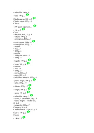 - solomillo, 100 g...4
- tapa, 100 g...3
Caballo, carne, 100 g...3
Cabrito, carne, 100 g...3
Caracol
- 200 g con caparazón...1
- 100 g...2
Cerdo
- butifarra, 1 ud, 75 g...5
- cabeza, 100 g...5
- carne grasa, 100 g...5
- carne magra, 100 g...4
- carne picada, 100 g...7
- chuleta
* 1 ud...7
* 100 g...6
- costilla
* 100 g con hueso...5
* 100 g...8
- hígado, 100 g...3
- lomo, 100 g...4
- manitas
* 1 ud...9
* 100 g...8
- morro, 100 g...5
- oreja, 100 g...6
- paletilla o brazuelo, 100 g...8
- pierna magra, 100 g...3
- rabo, 100 g...10
- riñones, 100 g...2
- sangre, 100 g...2
- sesos, 100 g...3
- solomillo, 100 g...3
- tocino, 1 loncha fina, 25 g...5
- tocino magro, 1 loncha fina,
25 g...2
- zancarrón, 100 g...7
Chistorra, 30 g...4
Chorizo fresco, 1/2 ud, 45 g...5
Ciervo, 100 g...2
Conejo
- 1/4 ud...5
 