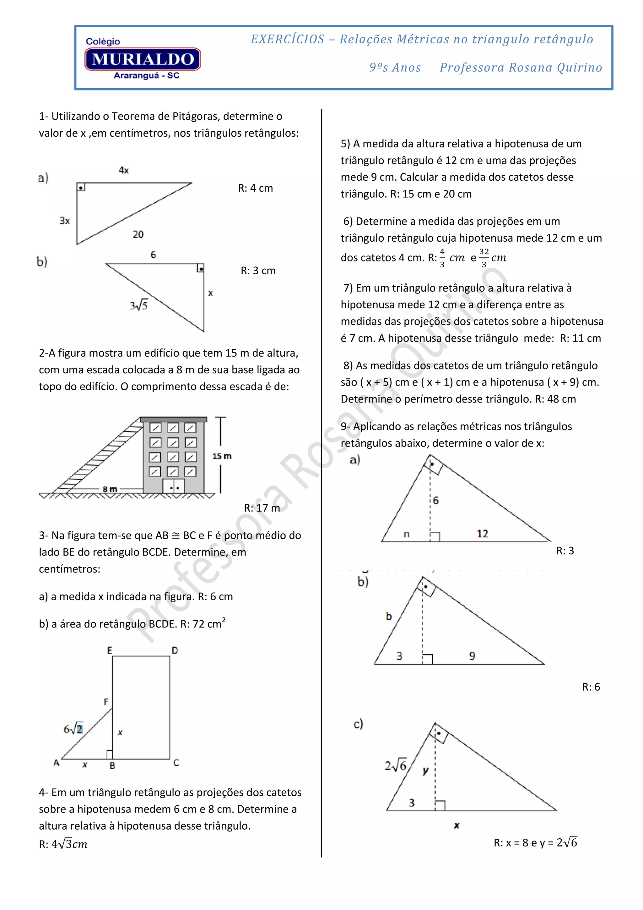 Lista de relações métricas no triangulo retângulo | PDF