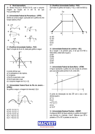 Nível Intermediário                                29. (Pontifícia Universidade Católica – PUC)
25. Sendo A={2,3,4} e B={5,6,7,9,12}, qual o conjunto       Com base no gráfico da função y = f(x), o valor de f(f(f(1)))
imagem da função de A em B, tal que                         é:
f={(x,y) AxB|y=3x}?

26. (Universidade Federal do Pernambuco – UFPE)
Dentre as curvas a seguir, qual pode ser o gráfico de uma
função injetora y=f(x)?




                                                            a) -8/3
                                                            b) -5/3
                                                            c) 8/3
                                                            d) 5/3
                                                            e) 5
27. (Pontifícia Universidade Católica – PUC)
Seja f a função de em , dada pelo gráfico a seguir:         30. (Universidade Estadual de Londrina – UEL)
                                                            Se a função f, do primeiro grau, é tal que f(1)=190 e
                                                            f(50)=2052, então f(20) é igual a:
                                                            a) 901
                                                            b) 909
                                                            c) 912
                                                            d) 937
                                                            e) 981

                                                            31. (Universidade Federal de Santa Maria – UFSM)
                                                            A figura representa o gráfico de uma função do primeiro
é correto afirmar que:                                      grau que passa pelos pontos A e B, onde a≠2.
a) f é sobrejetora e não injetora.
b) f é bijetora.
c) f(x)=f(-x) para todo x real.
d) f(x)>0 para todo x real.
e) o conjunto imagem de f é ]-∞;2].

28. (Universidade Federal Rural do Rio de Janeiro –
UFRRJ)
No gráfico a seguir, a imagem do intervalo[-1,2[ é:

                                                            O ponto de intersecção da reta ̅̅̅̅ com o eixo x tem
                                                            abcissa igual a:
                                                            a) 1-a
                                                            b) a-2
                                                            c) (      )
                                                            d) 4-a
                                                            e) 12-3ª
a) [1/2; 1[ U ]-2; 1]
b) [1/2; 1] U [-2; 1]                                       32. (Universidade Estadual Paulista – UNESP)
c) [-1/2; 1] U ]1; 2]                                       A poligonal ABCD da figura adiante é o gráfico da função f
d) [-1; 1/2] U ]1; 2[                                       cujo domínio é o intervalo -1≤x≤7. Sabe-se que ̅̅̅̅ é
e) [-1; 1/2] U [1; 2]                                       paralelo a ̅̅̅̅ e ̅̅̅̅ é paralelo ao eixo do x.
 