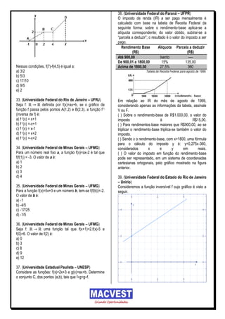 38. (Universidade Federal do Paraná – UFPR)
                                                            O imposto de renda (IR) a ser pago mensalmente é
                                                            calculado com base na tabela de Receita Federal da
                                                            seguinte forma: sobre o rendimento-base aplica-se a
                                                            alíquota correspondente; do valor obtido, subtrai-se a
                                                            “parcela a deduzir”; o resultado é o valor do imposto a ser
                                                            pago.
                                                               Rendimento Base         Alíquota Parcela a deduzir
                                                                      (R$)                                 (R$)
                                                            Até 900,00                   Isento             ----
                                                            De 900,01 a 1800,00           15%             135,00
Nessas condições, f(7)-f(4,5) é igual a:                    Acima de 1800,00             27,5%             360
a) 3/2                                                                        Tabela da Receita Federal para agosto de 1999.
b) 5/3
c) 17/10
d) 9/5
e) 2

33. (Universidade Federal do Rio de Janeiro – UFRJ)         Em relação ao IR do mês de agosto de 1999,
Seja f:           definida por f(x)=ax+b, se o gráfico da   considerando apenas as informações da tabela, assinale
função f passa pelos pontos A(1,2) e B(2,3), a função f-1   V ou F.
(inversa de f) é:                                           ( ) Sobre o rendimento-base de R$1.000,00, o valor do
a) f-1(x) = x+1                                             imposto                     é                   R$15,00.
b) f-1(x) =-x+1                                             ( ) Para rendimentos-base maiores que R$900,00, ao se
c) f-1(x) = x-1                                             triplicar o rendimento-base triplica-se também o valor do
d) f-1(x) = x+2                                             imposto.
e) f-1(x) =-x+2                                             ( ) Sendo x o rendimento-base, com x>1800, uma fórmula
                                                            para o cálculo do imposto y é: y=0,275x-360,
34. (Universidade Federal de Minas Gerais – UFMG)           considerados        x      e         y     em       reais.
Para um número real fixo a, a função f(x)=ax-2 é tal que    ( ) O valor do imposto em função do rendimento-base
f(f(1)) = -3. O valor de a é:                               pode ser representado, em um sistema de coordenadas
a) 1                                                        cartesianas ortogonais, pelo gráfico mostrado na figura
b) 2                                                        anterior.
c) 3
d) 4                                                        39. (Universidade Federal do Estado do Rio de Janeiro
                                                            – Unirio)
35. (Universidade Federal de Minas Gerais – UFMG)           Consideremos a função inversível f cujo gráfico é visto a
Para a função f(x)=5x+3 e um número b, tem-se f(f(b))=-2.   seguir.
O valor de b é:
a) -1
b) -4/5
c) -17/25
d) -1/5

36. (Universidade Federal de Minas Gerais – UFMG)
Seja f:            uma função tal que f(x+1)=2.f(x)-5 e
f(0)=6. O valor de f(2) é:
a) 0
b) 3
c) 8
d) 9
e) 12

37. (Universidade Estadual Paulista – UNESP)
Considere as funções: f(x)=2x+3 e g(x)=ax+b. Determine
o conjunto C, dos pontos (a,b), tais que f g=g f.
 