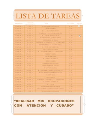 “REALISAR MIS OCUPACIONES
CON ATENCION Y CUDADO”
PRIORIDAD
FECHA DE
VENCIMIENTO
QUÉ EN CURSO HECHO
CUMPLIRLA 17 – 03 - 15 IR A COMER CON FAMILIA 8 : 00
CUMPLIRLA 21 – 03 - 15 IR DE COMPRAS 3 : 00
CUMPLIRLA 20 – 03 - 15 IR A LA FIESTAB DE PRIMOS 4 : 00
CUMPLILA 19 – 03 - 15 IR A DEJAR A LA TINTORERIA ROPA 3 : 15
CUMPLIRLA 18 – 03 - 15 IR A PAGAR MENSUALIDAD 5 : 00
CUMPLIRLA 22 – 03 - 15 RESERVAR MESA EN RESTAURAN 1 : 30
CUMPLIRLA 22 – 0 3 - 15 IR A CURSOS DE BAILE 5 : 00
CUMPLIRLA 20 – 03 15 IR A DEJAR A ANIMALES A LA VETERINARIA 6 : 30
CUMPLIRLA 30 – 03 - 15 ESTUDIAR PARA EL EXAMEN FINAL 3 : 00
CUMPLIRLA 22 – 03 - 15 IR A INVITACION DE BODA 4 : 30
CUMPLIRLA 25 – 03 - 15 CITA CON EL DOCTOR 4 : 00
CUMPLIRLA 26 – 03 - 15 IR A RECOGER ROPA A LA LAVANDERIA 3 : 15
CUMPLIRLA 27 – 03 - 15 FIRM DE VOLETAS 12 : 00
CUMPLIRLA 28 – 03 - 15 PAGAR SERVICIOS 2 : 30
CUMPLIRLA 28 – 03 -15 IR A FIESTA DE AMIGAS 5 : 00
CUMPLIRLA 29 – 03 -15 IR DE COMPRAS 3 : 00
CUMPLIRLA 29 – 03 - 15 HACER IMPIESA DE CASA 4 : 00
CUMPLIRLA 31 – 03 - 15 IR A COMER CON AMIGAS 5 : 00
CUMPLILA 01 – 04 - 15 IR A COMPUTACION 5 : 00
CUMPLIRLA 02 – 04 - 15 IR A RECOGER A PRIMOS A LA ECSUELA 2 : 00
CUMPLIRLA 03 – 04 - 15 IR CON MAMA A COMPRAR VEDURAS 3 : 30
CUMPLIRLA 04 – 04 – 15 EXAMEN FINAL 12 : 00
CUMPLIRLA 05 – 04 - 15 IR A CORRER 7 : 30
CUMPLIRLA 06 – 04 - 15 IR A DEJAR UNIFORME A LA TINTORERIA 2 : 30
CUMPLIRLA 07 – 04 - 15 IR A FIESTA DE PRIMAS 6 : 15
CUMPLIRLA 08 – 04 - 15 IR A PASIAR 3 : 00
CUMPLIRLA 09 – 04 -15 IR A PILLAMADA CON AMIGA 8 : 00
CUMPLIRLA 10 – 04 - 15 REALIZAR UNA NUEVA LISTA DE TAREAS 4 : 00
CUMPLIRLA 11 – 04 - 15 IR A COMER CON FAMILIA 8 : 00
LISTA DE TAREAS
PENDIENTES
 