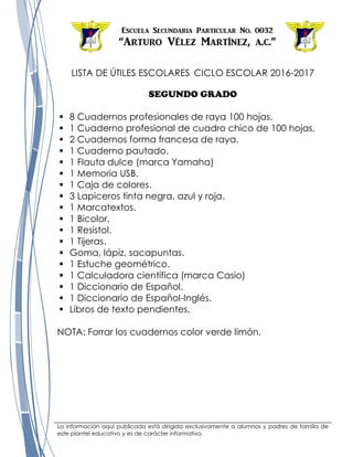 Lista de Útiles Escolares SECUNDARIA 2016- 2017 | PDF