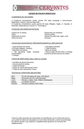 Todos los útiles escolares de la lista deben ser identificados con el nombre del alumno.
Los cuadernos deben ser etiquetados con el nombre del escolar y sector de aprendizaje.
El uniforme escolar, buzo deportivo y zapatillas debe ajustarse a la normativa del
establecimiento.
LISTADO DE ÚTILES 8º BÁSICO 2018
CUADERNOS DE USO DIARIO
4 Cuadernos Universitarios cuadro grande 100 hojas (Lenguaje y Comunicación,
Matemática, Historia, Ciencias Naturales)
6 Cuadernos Universitarios cuadro grande 80 hojas (Religión, Inglés, A. Visuales, A.
Musicales, Matemáticas en Acción, E. Tecnológica)
UTILES DE USO DIARIO EN ESTUCHE
Lápices de 12 colores
Tijera
Pegamento en barra
Goma de borrar
Sacapuntas con recolector
Lápices grafitos
Lápices de pasta (rojo, negro, azul)
Corrector
UTILES QUE SOLICITARA EL PROFESOR DURANTE EL AÑO ESCOLAR
1 Caja temperas de colores
2 Pinceles (delgado, mediano)
1 Mezclador de colores
1 Set geometría (regla, escuadra,
transportador)
1 Compás
1 calculadora científica
1 Tabla Periódica
1 Block de dibujos
1 Resma papel tamaño Oficio a entregar
durante la primera semana de clases.
UTILES DE ASEO (deben estar a diario en mochila)
1 servilleta de género (almuerzo)
1 tubo de pasta de dientes
1 cepillo de dientes
1 polera de cambio (Educación Física)
1 Toalla de mano (Educación Física)
TEXTOS DE LITERATURA OBLIGATORIA
Abril El niño del pijama de rayas; John Boyne
Mayo Encuentro con Flo; Laura Escudero
Junio Romeo y Julieta, Autor: William Shakespeare
Agosto La Odisea; Homero
Octubre Rockeros celestes; Darío Oses
 