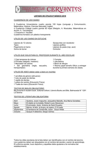 Todos los útiles escolares de la lista deben ser identificados con el nombre del alumno.
Los cuadernos deben ser etiquetados con el nombre del escolar y sector de aprendizaje.
El uniforme escolar, buzo deportivo y zapatillas debe ajustarse a la normativa del
establecimiento.
LISTADO DE ÚTILES 6º BÁSICO 2018
CUADERNOS DE USO DIARIO
5 Cuadernos Universitarios cuadro grande 100 hojas (Lenguaje y Comunicación,
Matemática, Historia, Ciencias Naturales, Inglés)
4 Cuadernos College cuadro grande 80 hojas (Religión, A. Musicales, Matemáticas en
Acción, E. Tecnológica)
1 Croquera A. Visuales
Cuadernos forrados con plástico transparente
UTILES DE USO DIARIO EN ESTUCHE
Lápices de 12 colores
Tijera
Pegamento en barra
Goma de borrar
Sacapuntas con recolector
Lápices grafitos
Lápices de pasta (rojo, azul)
Corrector
UTILES QUE SOLICITARA EL PROFESOR DURANTE EL AÑO ESCOLAR
1 Caja temperas de colores
2 Pinceles (delgado, mediano)
1 Mezclador de colores
1 Set geometría (regla, escuadra,
transportador)
1 Compás
1 calculadora
1 Block de dibujos
1 Resma papel tamaño Oficio a entregar
durante la primera semana de clases.
UTILES DE ASEO (deben estar a diario en mochila)
1 servilleta de género (almuerzo)
1 tubo de pasta de dientes
1 cepillo de dientes
1 polera de cambio (Educación Física)
1 Toalla de mano (Educación Física)
TEXTOS DE INGLES OBLIGATORIO
Big Surprise 6 student book. Editorial Oxford. Librería Books and Bits. Balmaceda N° 1291
La Serena
TEXTOS DE LITERATURA OBLIGATORIA
Abril Quidora, Joven mapuche; Jacqueline Balcells, Ana María Güiraldes
Mayo El diablo en la botella; Robert Louis Stevenson
Junio El principito, Autor: Antoine de Saint Exupéry
Agosto Narnia, el león, la bruja y el ropero; C.S.Lewis
Septiembre El fantasma de Canterville, Autor: Oscar Wilde
Octubre Quique H detective; Sergio Gómez
 