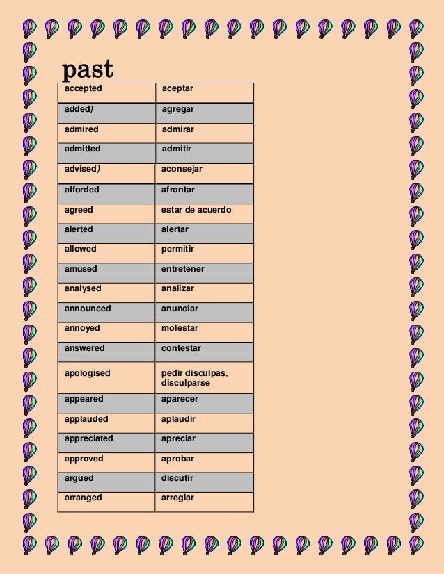 pastaccepted      aceptaradded)        agregaradmired       admiraradmitted      admitiradvised)      aconsejarafforded   ...