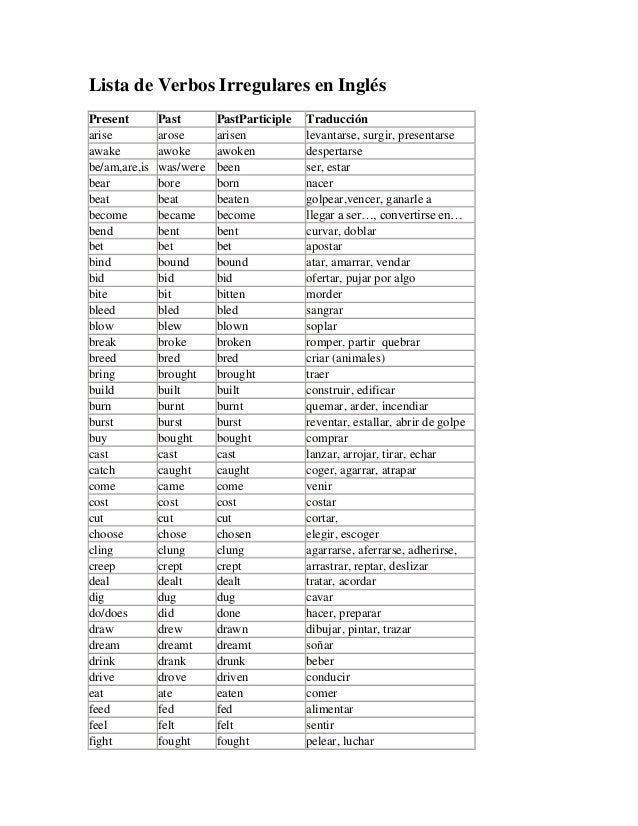 Lista Verbos Irregulares Ingles Con Traduccion Mayoría Lista