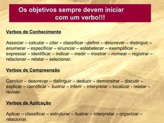 Os objetivos sempre devem iniciar  com um verbo!!! Verbos de Conhecimento Associar – calcular – citar – classificar –definir – descrever – distinguir – enumerar – especificar – enunciar – estabelecer – exemplificar – expressar – identificar – indicar – medir – mostrar – nomear – registrar – relacionar – relatar – selecionar.   Verbos de Compreensão   Concluir – descrever – distinguir – deduzir – demonstrar – discutir – explicar – identificar – ilustrar – inferir – interpretar – localizar - relatar – revisar.    Verbos de Aplicação   Aplicar – classificar – estruturar – ilustrar – interpretar – organizar – relacionar.  
