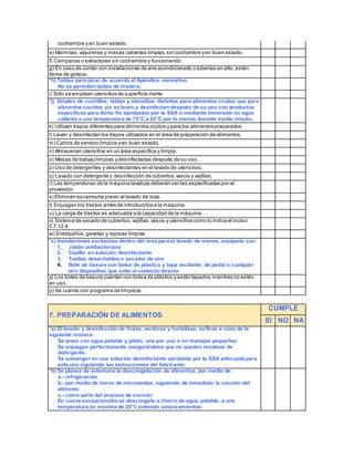 cochambre y en buen estado. 
e) Marmitas, vaporeras y mesas calientes limpias, sin cochambre y en buen estado. 
f) Campanas o extractores sin cochambre y funcionando. 
g) En caso de contar con instalaciones de aire acondicionado o tuberías en alto, están 
libres de goteos. 
*h) Tablas para picar de acuerdo al Apéndice normativo. 
No se permiten tablas de madera. 
i) Sólo se emplean utensilios de superficie inerte. 
*j) Empleo de cuchillos, tablas y utensilios distintos para alimentos crudos que para 
alimentos cocidos y/o se lavan y desinfectan después de su uso con productos 
específicos para dicho fin aprobados por la SSA o mediante inmersión en agua 
caliente a una temperatura de 75°C a 82°C por lo menos durante medio minuto. 
k) Utilizan trapos diferentes para alimentos crudos y para los alimentos preparados. 
l) Lavan y desinfectan los trapos utilizados en el área de preparación de alimentos. 
m) Carros de servicio limpios y en buen estado. 
n) Almacenan utensilios en un área específica y limpia. 
o) Mesas de trabajo limpias y desinfectadas después de su uso. 
p) Uso de detergentes y desinfectantes en el lavado de utensilios. 
q) Lavado con detergente y desinfección de cubiertos, vasos y vajillas. 
r) Las temperaturas de la máquina lavaloza deberán ser las especificadas por el 
proveedor. 
s) Eliminan escamocha previo al lavado de loza. 
t) Enjuagan los trastos antes de introducirlos a la máquina. 
u) La carga de trastos es adecuada a la capacidad de la máquina. 
v) Sistema de secado de cubiertos, vajillas, vasos y utensilios como lo indica el inciso 
5.7.12.4 
w) Entrepaños, gavetas y repisas limpias 
*x) Instalaciones exclusivas dentro del área para el lavado de manos, equipada con: 
1. Jabón antibacteriano 
2. Cepillo en solución desinfectante 
3. Toallas desechables o secador de aire 
4. Bote de basura con bolsa de plástico y tapa oscilante, de pedal o cualquier 
otro dispositivo que evite el contacto directo. 
y) Los botes de basura cuentan con bolsa de plástico y están tapados mientras no estén 
en uso. 
p) Se cuenta con programa de limpieza. 
7. PREPARACIÓN DE ALIMENTOS 
CUMPLE 
SI NO NA 
*a) El lavado y desinfección de frutas, verduras y hortalizas, se lleva a cabo de la 
siguiente manera: 
Se lavan con agua potable y jabón, una por una o en manojos pequeños. 
Se enjuagan perfectamente, asegurándose que no queden residuos de 
detergente. 
Se sumergen en una solución desinfectante aprobada por la SSA adecuada para 
este uso siguiendo las instrucciones del fabricante. 
*b) Se planea de antemano la descongelación de alimentos, por medio de: 
a.- refrigeración 
b.- por medio de horno de microondas, siguiendo de inmediato la cocción del 
alimento 
c.- como parte del proceso de cocción 
En casos excepcionales se descongela a chorro de agua potable, a una 
temperatura no máxima de 20°C evitando estancamientos. 
 
