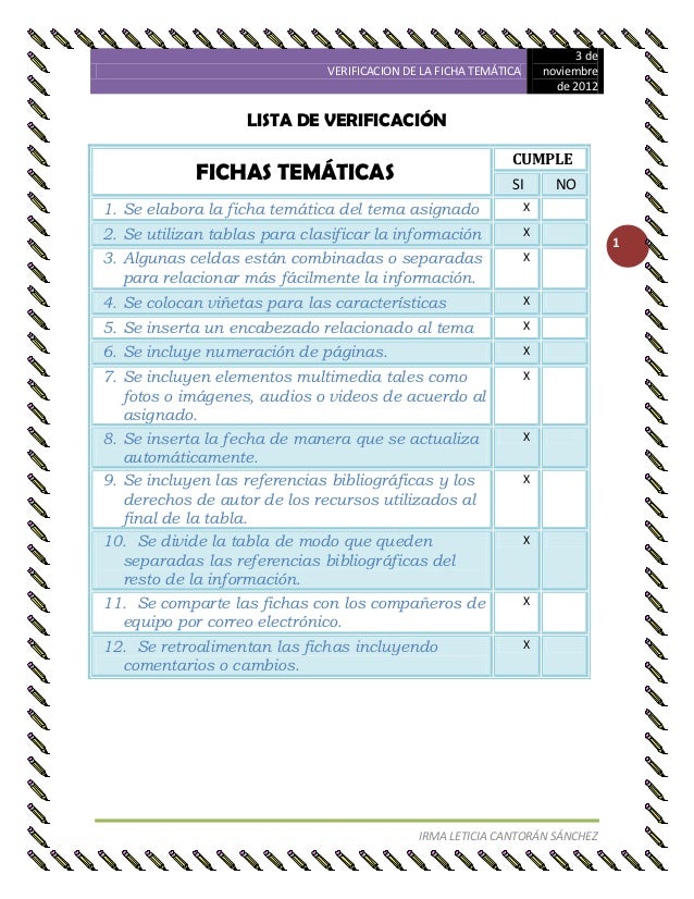 Lista de verificación de la ficha tematica