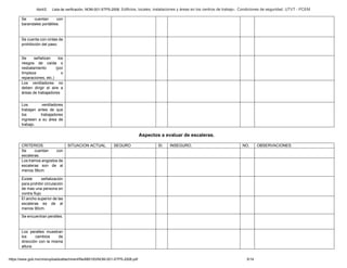 Abril/2 Lista de verificación. NOM-001-STPS-2008. Edificios, locales, instalaciones y áreas en los centros de trabajo-. Condiciones de seguridad. UTVT - PCEM
https://www.gob.mx/cms/uploads/attachment/file/680193/NOM-001-STPS-2008.pdf 5/14
Se cuentan con
barandales portátiles.
Se cuenta con cintas de
prohibición del paso.
Se señalizan los
riesgos de caída o
resbalamiento (por
limpieza o
reparaciones, etc.)
.
Los ventiladores no
deben dirigir el aire a
áreas de trabajadores
Los ventiladores
trabajan antes de que
los trabajadores
ingresen a su área de
trabajo.
Aspectos a evaluar de escaleras.
CRITERIOS. SITUACION ACTUAL. SEGURO SI. INSEGURO. NO. OBSERVACIONES.
Se cuentan con
escaleras.
Los tramos angostos de
escaleras son de al
menos 56cm.
Existe señalización
para prohibir circulación
de mas una persona en
contra flujo.
El ancho superior de las
escaleras es de al
menos 90cm.
Se encuentran peraltes.
Los peraltes muestran
los cambios de
dirección con la misma
altura.
 