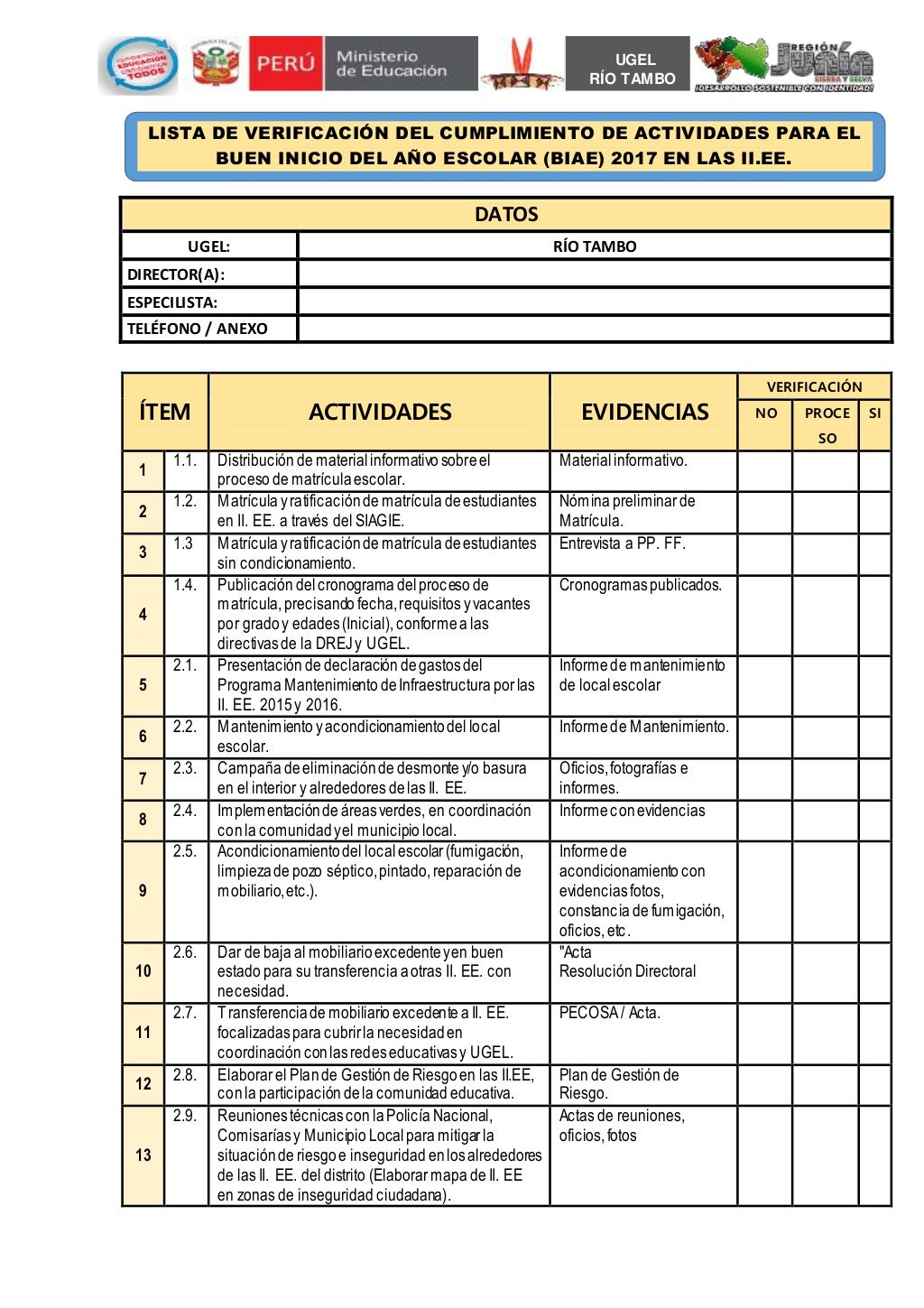 Lista de verificación para el biae ugel rio tambo word 2017