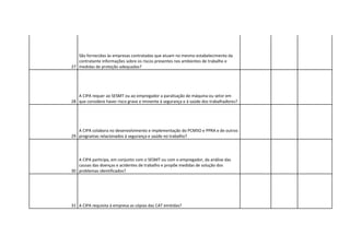 São fornecidas às empresas contratadas que atuam no mesmo estabelecimento da
   contratante informações sobre os riscos presentes nos ambientes de trabalho e
27 medidas de proteção adequadas?




   A CIPA requer ao SESMT ou ao empregador a paralisação de máquina ou setor em
28 que considere haver risco grave e iminente à segurança e à saúde dos trabalhadores?




   A CIPA colabora no desenvolvimento e implementação do PCMSO e PPRA e de outros
29 programas relacionados à segurança e saúde no trabalho?




   A CIPA participa, em conjunto com o SESMT ou com o empregador, da análise das
   causas das doenças e acidentes de trabalho e propõe medidas de solução dos
30 problemas identificados?




31 A CIPA requisita à empresa as cópias das CAT emitidas?
 