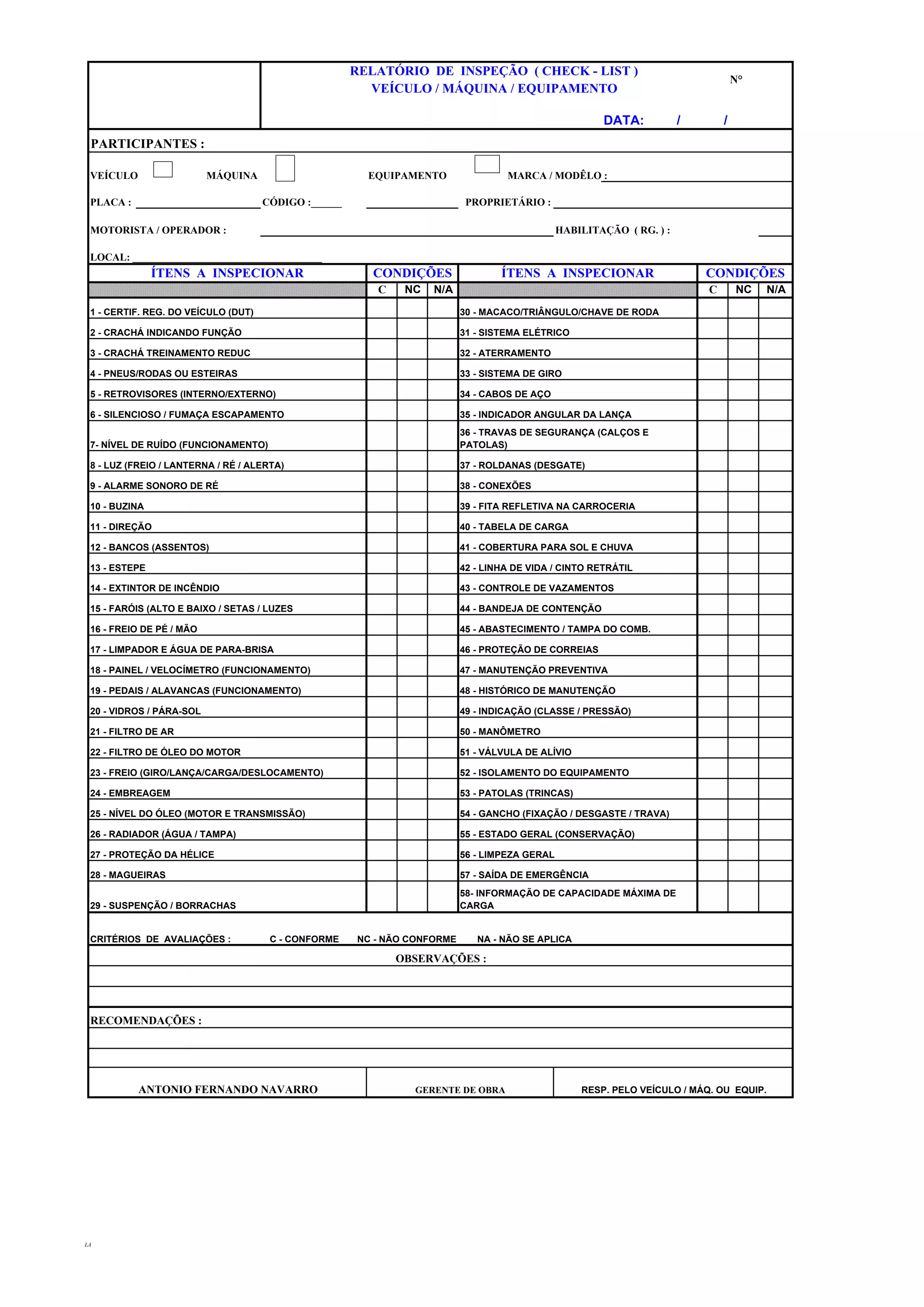 Lista de verificação quinzenal para veículos, máquinas e equipamentos | PDF
