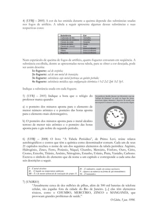 4) (UFRJ – 2005) A cor da luz emitida durante a queima depende das substâncias usadas
nos fogos de artifício. A tabela a seguir apresenta algumas dessas substâncias e suas
respectivas cores:




Num espetáculo de queima de fogos de artifício, quatro foguetes estouram em seqüência. A
substância escolhida, dentre as apresentadas nessa tabela, para se obter a cor desejada, pode
ser assim descrita:
        1o foguete: sal de cozinha;
        2o foguete: sal de um metal de transição;
        3o foguete: substância cujo metal pertença ao quinto período;
        4o foguete: substância metálica cuja configuração eletrônica é 1s2 2s2 2p6 3s2 3p1.

Indique a substância usada em cada foguete.

5) (UFRJ – 2005) Indique a hora que o relógio do
professor marca quando:

a) o ponteiro dos minutos aponta para o elemento de
menor número atômico e o ponteiro das horas aponta
para o elemento mais eletronegativo.

b) O ponteiro dos minutos aponta para o metal alcalino
terroso de menor raio atômico e o ponteiro das horas
aponta para o gás nobre do segundo período.


6) (UFRJ – 2008) O livro “A Tabela Periódica”, de Primo Levi, reúne relatos
autobiográficos e contos que têm a química como denominador comum. Cada um de seus
21 capítulos recebeu o nome de um dos seguintes elementos da tabela periódica: Argônio,
Hidrogênio, Zinco, Ferro, Potássio, Níquel, Chumbo, Mercúrio, Fósforo, Ouro, Cério,
Cromo, Enxofre, Titânio, Arsênio, Nitrogênio, Estanho, Urânio, Prata, Vanádio, Carbono.
Escreva o símbolo do elemento que dá nome a um capítulo e corresponde a cada uma das
seis descrições a seguir.




7) (UNIRIO)
      “Anualmente cerca de dez milhões de pilhas, além de 500 mil baterias de telefone
      celular, são jogadas fora da cidade do Rio de Janeiro. [...] elas têm elementos
      tóxicos, como o CHUMBO, MERCÚRIO, ZINCO e MANGANÊS, que
      provocam grandes problemas de saúde.”
                                                                   O Globo, 5 jan. 1998.
 