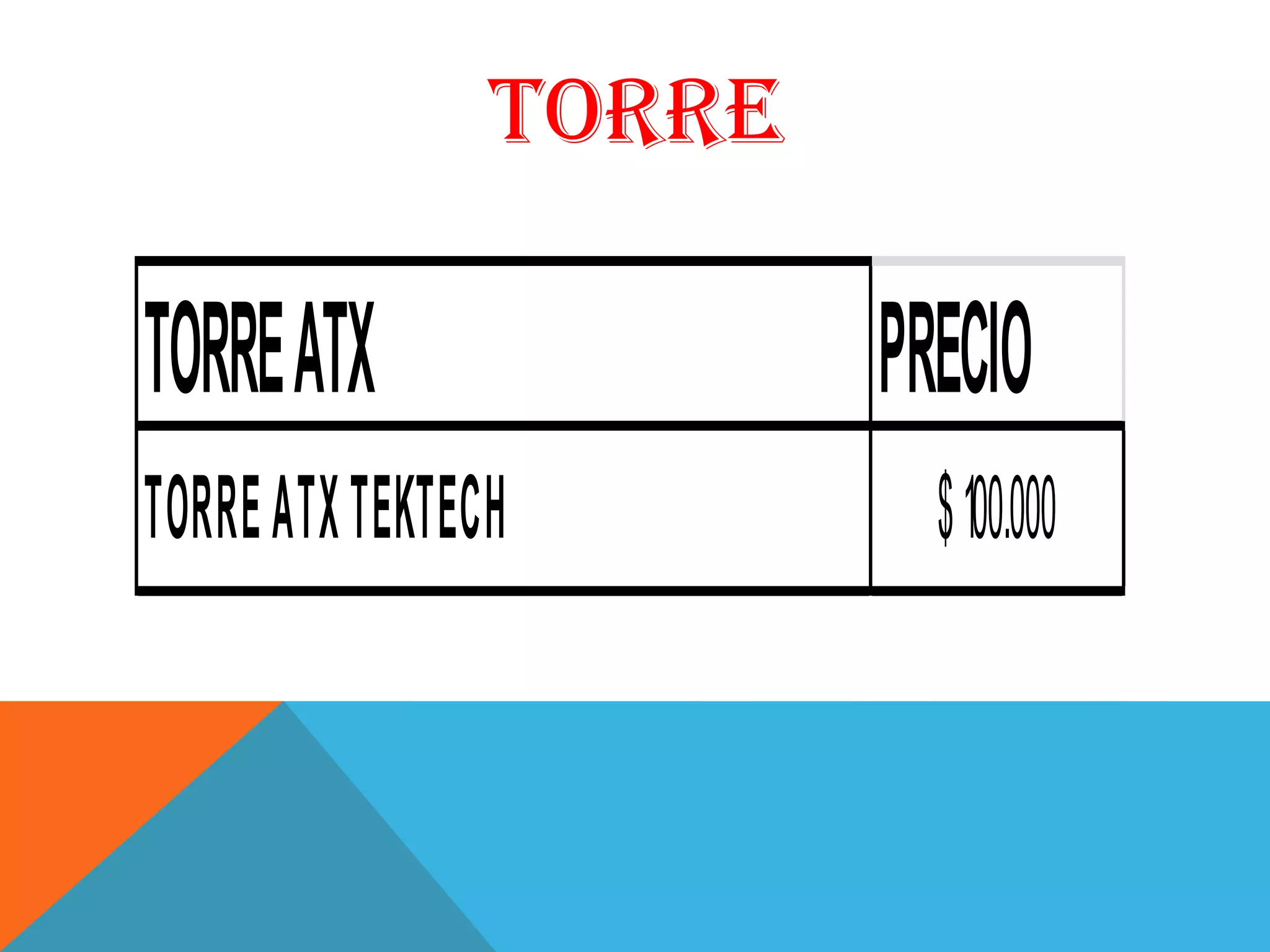TORRE

TORRE ATX               PRECIO
TORRE ATX TEKTECH         $ 100.000
 