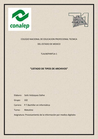 COLEGIO NACIONAL DE EDUCACION PROFECIONAL TECNICA
DEL ESTADO DE MEXICO
TLALNEPANTLA 1
“LISTADO DE TIPOS DE ARCHIVOS”
Elaboro: Solís Velázquez Dafne
Grupo: 102
Carrera: P.T.Bachiller en informática
Turno: Matutino
Asignatura: Procesamiento de la información por medios digitales
 