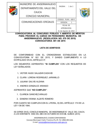 ANSERMANUEVO; CIUDAD CONFEDERADA
Concejo Municipal / Calle 7 Carrera 3ª y 4ª, Tel: (092) 205 1116.
E-mail: concejo@ansermanuevo-valle.gov.co
MUNICIPIO DE ANSERMANUEVO
DEPARTAMENTO DEL VALLE DEL
CAUCA
CONCEJO MUNICIPAL
PAGINA : 1 de 1
COMUNICACIONES OFICIALES
CODIGO: 76.041 -600-5
VERSION: 1
FECHA DE
APROBACION:
31 de Agosto de 2014
CONVOCATORIA AL CONCURSO PÚBLICO Y ABIERTO DE MÉRITOS
PARA PROVEER EL CARGO DE PERSONERO MUNICIPAL DE
ANSERMANUEVO (RESOLUCION NO. 079 DE 2015)
CONVOCATORIA 001 DE 2015
LISTA DE ADMITIDOS
DE CONFORMIDAD CON EL CRONOGRAMA ESTABLECIDO EN LA
CONVOCATORIA N° 001 DE 2015, Y DANDO CUMPLIMIENTO A LO
ESTIPULADO EN EL ARTÍCULO 8°.
LOS SIGUIENTES ASPIRANTES “SI CUMPLEN” CON LOS REQUISITOS DE
LEY SEÑALADOS:
1. VICTOR HUGO SALAZAR CADAVID
2. CLARA LORENA RODRIGUEZ JARAMILLO
3. JULIANA GALVIS ALDANA
4. ANDRES GONZALEZ ARANGO
ASPIRANTES QUE “NO CUMPLEN”:
1. CLARICIA SANCHEZ ARAUJO
2. SANDRA VIVIANA ALZATE ROMERO
POR CUANTO NO CUMPLEN CON EL LITERAL B) DEL ARTÍCULO 174 DE LA
LEY 136 DE 1994.
SE EXPIDE EN EL CONCEJO MUNICIPAL DE ANSERMANUEVO VALLE DEL CAUCA,
A LOS VEINTISIETE DÍAS DEL MES DE OCTUBRE DE DOS MIL QUINCE (2015)
 