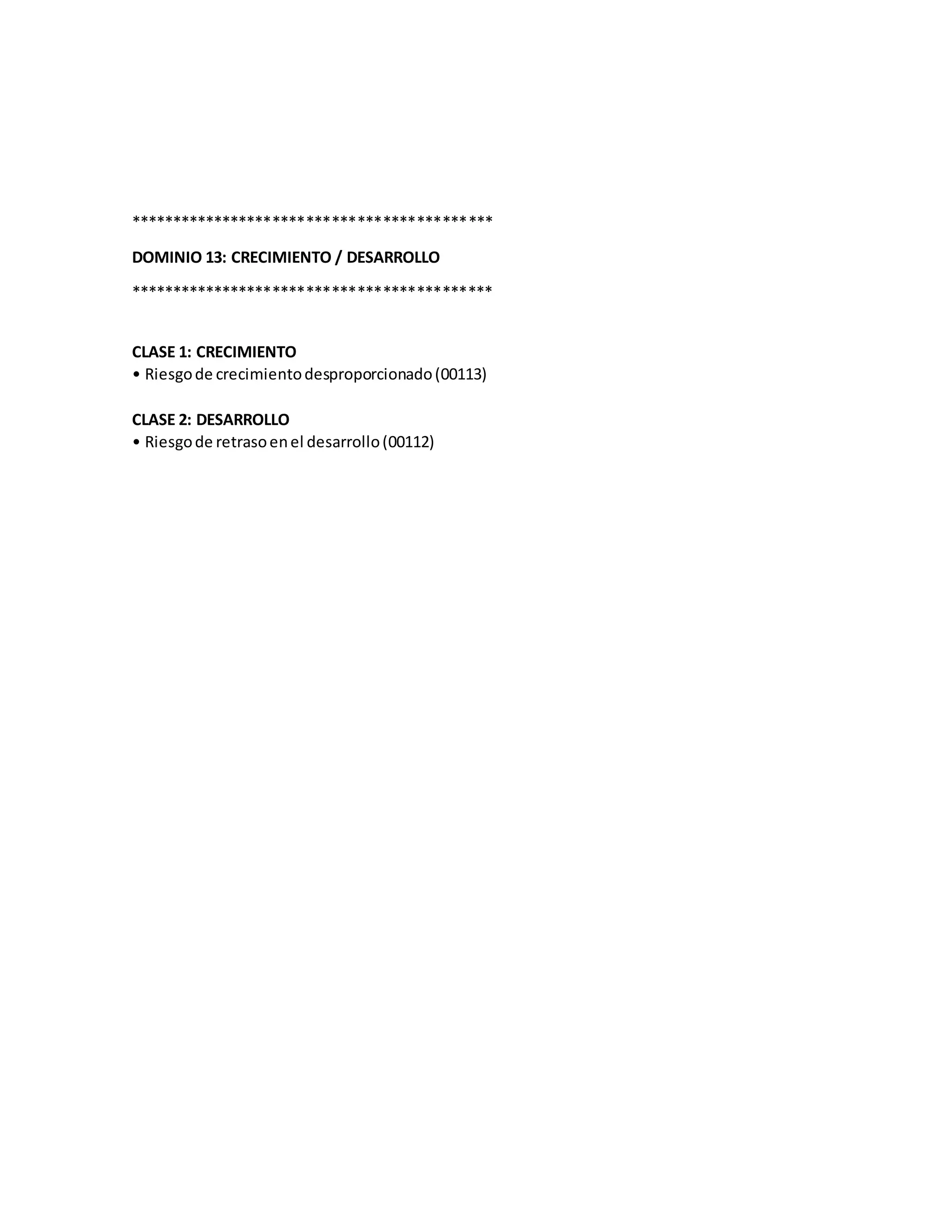*******************************************
DOMINIO 13: CRECIMIENTO / DESARROLLO
*******************************************
CLASE 1: CRECIMIENTO
• Riesgode crecimientodesproporcionado(00113)
CLASE 2: DESARROLLO
• Riesgode retrasoenel desarrollo(00112)
 