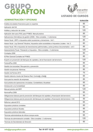 aDMiNiSTraCiÓN Y oFiCiNaS                                                                              DuraCiÓN

Análisis de estados financieros para no expertos                                                         85
Aplicación del IVA                                                                                       85
Análisis y reducción de costes                                                                           120
Aplicación del nuevo PGC para PYMES. Manual práctico                                                     85
Aplicaciones informáticas de gestión (2008) - Obra completa - 3 volúmenes                                120
Asesor fiscal - IRPF e impuestos sobre sucesiones y donaciones - Vol 1.                                  85
Asesor fiscal - Ley General Tributaria, Impuestos sobre sociedades e Impuestos Locales - Vol. 2          85
Asesor fiscal. IVA e impuestos de transmisiones patrimoniales y actos jurídicos documentados - vol 3     85
Asesoramiento Fiscal. Tributación e Impuestos - Obra completa - 3 volúmenes                              120
Contaplus 2008                                                                                           85
El Plan General Contable de PYMES                                                                        85
Experto en prevención del blanqueo de capitales y de la financiación del terrorismo                      120
FacturaPlus 2008                                                                                         85
Gestión de morosidad. Recuperción y prevención                                                           85
Gestión de personal. Nóminas                                                                             85
Gestión de Pymes 2010                                                                                    75
Gestión laboral a través del Sistema Red, Contrat@ y Delt@                                               85
Guía para la creación de empresas                                                                        85
Guía práctica de operaciones vinculadas. Contabilidad y fiscalidad                                       85
Introducción a la Contabilidad                                                                           85
Manual práctico del IRPF                                                                                 120
NominaPlus 2008                                                                                          85
Obligaciones básicas para la prevención del blanqueo de capitales y financiación del terrorismo          50
Obligaciones básicas para la prevención del blanqueo de capitales y financiación del terrorismo + CD     50
Reforma Laboral 2012                                                                                     85
Supuestos prácticos contables                                                                            85
Supuestos prácticos fiscales                                                                             85
Supuestos prácticos laborales                                                                            85
Técnicas administrativas de oficina compra-venta                                                         85
Técnicas de administración contable - Obra completa - 2 volúmenes                                        120
Técnicas de Secretariado de Dirección                                                                    85



info@grupografton.com                              Tel: 91 877 12 25                      www.grupografton.com
 