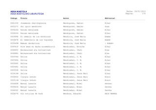 ASSA IKASTOLA
ASSA IKASTOLAKO LIBURUTEGIA
Fecha:
Página:
26/01/2015
170
Código Título Autor Editorial
004125P Joxemeren ohelikopteroa Mendiguren, Xabier Elkar
000227C Sei ipuin amodiozko Mendiguren, Xabier Susa
005626Z Katuen matxinada Mendiguren, Xabier Elkar
005800G Katuen matxinada Mendiguren, Xabier Elkar
000999X El temblor de los monstruos Mendiola, José María Edebé
000987K El Cementerio de los Ingleses Mendiola, José María Edebé
005640M Mamuen dardarizoa Mendiola, José María : Edebé-
004561F Nire amak ez dauka erremediorik Mendizabal, Antxiñe Elkar
004689C Baleazaleak eta kortsarioak Mendizabal, Iñaki Elea
004688L Baleazaleak eta kortsarioak Mendizabal, Iñaki Elea
000556G Zelina Mendizabal, J. M. Elkar
000566Z Zelina Mendizabal, J. M. Elkar
000549C Zelina Mendizabal, J. M. Elkar
000548L Zelina Mendizabal, J. M. Elkar
000550K Zelina Mendizabal, J. M. Elkar
003416N Zelina Mendizabal, Jesús Mari Elkar
000492D Ilargia lekuko Mendizabal, Jexux Mari Erein
000511M Ilargia lekuko Mendizabal, Jexux Mari Erein
004460K Manuel Lasarte Mendizabal, Mikel Sendoa
004461E Manuel Lasarte Mendizabal, Mikel Sendoa
004459C Manuel Lasarte Mendizabal, Mikel Sendoa
002837P Sin noticias de Gurb Mendoza, Eduardo SEIX BARRAL
 