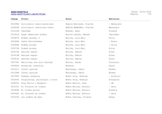 ASSA IKASTOLA
ASSA IKASTOLAKO LIBURUTEGIA
Fecha:
Página:
26/01/2015
178
Código Título Autor Editorial
002598E Diccionario vasco-castellano Mugica Berrondo, Placido : Mensajero
002600R Diccionario castellano-vasco MUGICA BERRONDO, Plácido Mensajero
001220R Vendidas Muhsen, Zana Planeta
001651H Zazpi demonioen bidaia Mujica Láinez, Manuel Ibaizabal
002887N Bideko prosak, 5 Mujika, Luis Mari Hiria
000386H Ladix Petrirenekoa Mujika, Luis Mari : Erein
004948A Bideko prosak Mujika, Luis Mari : Hiria
005072N Bideko prosak Mujika, Luis Mari Hiria
000574E Haurrak nagusi Mujika, Xabier Elkar
003915M Haurrak nagusi Mujika, Xabier Elkar
003914G Haurrak nagusi Mujika, Xabier Elkar
004790Y Marilitxar eta hiru hartzak Muller, Gerda Ttarttalo
004691E Animalien inauteria Mundina Saure
001301J Olerki guztiak Muniategi, Sabin Karmel
001299B Olerki guztiak Muniategi, Sabin Karmel
000789F Hokeyko atezaina Muñoz Avia, Rodrigo : Aizkorri
003249Y Psiquiatras, psicólogos y otros Muñoz Avia, Rodrigo Alfaguara
005855J Fray Perico y Monpetit Muñoz Martín, Juan : SM
001032C El Invierno en Lisboa Muñoz Molina, Antonio : Seix
005906H El jinete polaco Muñoz Molina, Antonio Planeta
006046C El Invierno en Lisboa Muñoz Molina, Antonio : Seix
003533Z Los sueños de Axel Muñoz Puelles, Vicente Anaya
 