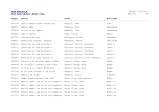ASSA IKASTOLA
ASSA IKASTOLAKO LIBURUTEGIA
Fecha:
Página:
26/01/2015
180
Código Título Autor Editorial
000928P Gaua zulatzen duten ahausietan Nabarro, Omar Susa
002789Y Hitzen koba Naberan, Josu Basandere
000041H La vuelta de Sugaar Naberan, Josu Basandere
004384Z Lepoko berdea Nado, Víctor Erein
005781P Fitxaketa bikaina Nahrgang, Frauke Ibazabal
004481L Denboraldi gogorra, benetan Nahrgang, Frauke Ibaizabal
002411L Londresko Galeria Nazionala National Gallery (Londres) Castell
002412C Londresko Galeria Nazionala National Gallery (Londres) Castell
002414E Londresko Galeria Nazionala National Gallery (Londres) Castell
002413K Londresko Galeria Nazionala National Gallery (Londres) Castell
002428J Washington Galeria Nazionala National Gallery of Art (Estados Castell
004408S Platero y yo de Juan Ramón Jiménez Navarro Durán, Rosa Edebé
004409Q El Lazarillo contado a los niños Navarro Durán, Rosa Edebé
004861P La vida y la poesía de Miguel Navarro Durán, Rosa Edebé
003753G El Quijote contado a los niños Navarro, Rosa Edebé
001315G Memoria de dragón Negrete, Javier : Edebé
005024X Alaba adoptatua naiz eta zer? Neira Cruz, Xosé Antonio Elkar
000862B Mutiko baserritar baten oroitzapenak Neira Vilas, Xosé Bizkaiko
001534Q Mutiko baserritar baten oroitzapenak Neira Vilas, Xosé Bizkaiko
001601Z Mutiko baserritar baten oroitzapenak Neira Vilas, Xosé Bizkaiko
001602S Mutiko baserritar baten oroitzapenak Neira Vilas, Xosé Bizkaiko
001535V Mutiko baserritar baten oroitzapenak Neira Vilas, Xosé Bizkaiko
 