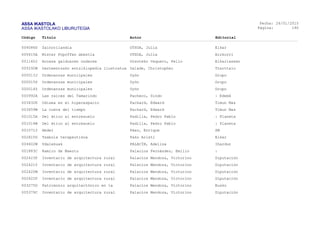 ASSA IKASTOLA
ASSA IKASTOLAKO LIBURUTEGIA
Fecha:
Página:
26/01/2015
190
Código Título Autor Editorial
004086S Zainorilandia OTXOA, Julia Elkar
005615A Mister Popoffen abestia OTXOA, Julia Aizkorri
001140J Arnasa galduaren ondarea Otxoteko Vaquero, Pello Elkarlanean
005292W Gazteentzako entziklopedia ilustratua Oxlade, Christopher Ttarttalo
000013J Ordenanzas municipales Oyón Grupo
000015S Ordenanzas municipales Oyón Grupo
000014Z Ordenanzas municipales Oyón Grupo
000992A Las raíces del Tamarindo Pacheco, Sindo : Edebé
003632K Odisea en el hiperespacio Packard, Edward Timun Mas
003659W La cueva del tiempo Packard, Edward Timun Mas
001015A Del ático al entresuelo Padilla, Pedro Pablo : Planeta
001014W Del ático al entresuelo Padilla, Pedro Pablo : Planeta
001071J Abdel Páez, Enrique SM
002815D Txabola terapeutikoa Pako Aristi Elkar
004602W Udalekuak PALACÍN, Adelina Ihardun
001883C Ramiro de Maeztu Palacios Fernández, Emilio :
002423P Inventario de arquitectura rural Palacios Mendoza, Victorino Diputación
002421Y Inventario de arquitectura rural Palacios Mendoza, Victorino Diputación
002420M Inventario de arquitectura rural Palacios Mendoza, Victorino Diputación
002422F Inventario de arquitectura rural Palacios Mendoza, Victorino Diputación
003275D Patrimonio arquitectónico en la Palacios Mendoza, Victorino Eusko
005379C Inventario de arquitectura rural Palacios Mendoza, Victorino Diputación
 