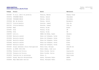 ASSA IKASTOLA
ASSA IKASTOLAKO LIBURUTEGIA
Fecha:
Página:
26/01/2015
193
Código Título Autor Editorial
005368D Tu hijo, genio en potencia Penella, Manuel Espasa Calpe
003407A OTSOAREN BEGIA Pennac, Daniel Ibaizabal
003406W OTSOAREN BEGIA Pennac, Daniel Ibaizabal
004582M Mal de escuela Pennac, Daniel Mondadori
002077F Vitoria-Gasteiz Perales, Ismael Caja de
002076Y Vitoria-Gasteiz Perales, Ismael Caja de
003894F Mumu Perera, Hilda Bruño
003548Y Kike Perera, Hilda SM
005858Q Kike Perera, Hilda SM
006049T A.M.D.G. PEREZ DE AYALA, Ramón Cátedra
001592M Busturia anaiak Pérez de Viñaspre, Gorka Elkar
000380N Busturia anaiak Pérez de Viñaspre, Gorka Elkar
001608K Busturia anaiak Pérez de Viñaspre, Gorka Elkar
000499Q Busturia anaiak Pérez de Viñaspre, Gorka Elkar
000829R Busturia anaiak Pérez de Viñaspre, Gorka Elkar
005618Y Sorgin amonaren ofizio harrigarriak Pérez Díaz, Enrique Desclée de
003297P La ESTE 1956-1996 Pérez Gómez, José Luis ESTE
002684Q Travesía de Vitoria Pérez Uralde, Carlos Diputación
002232R Travesía de Vitoria Pérez Uralde, Carlos Diputación
001897B Ciencias de la naturaleza Pérez, D. Santillana
002800V Euskal Herriko Perretxikoak Pérez, Fernando Pedro ADEVE
003806B Hego Amerikako herriak Pérez, Fernando Pedro Arrain
 