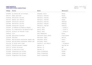 ASSA IKASTOLA
ASSA IKASTOLAKO LIBURUTEGIA
Fecha:
Página:
26/01/2015
198
Código Título Autor Editorial
003638G La Guerra de los botones Pergaud, Louis Anaya
004137C Txano gorritxo Perrault, Charles Anaya
003420Q Perraulten ipuinak Perrault, Charles Pamiela
004131Z Basoko Loti Ederra Perrault, Charles Anaya
000495N Perraulten ipuinak Perrault, Charles Pamiela
003798A Perraulten ipuinak Perrault, Charles Pamiela
000494B Perraulten ipuinak Perrault, Charles Pamiela
005206P La amenaza de Bedford Square Perry, Anne : Plaza &
005355L La conspiración de Ashworth Hall Perry, Anne : Plaza &
005373Z Silencio en Hanover Close Perry, Anne : Plaza &
002814P Lile Peru Magdalena Elkar
001198W Eguraldiaz hizketan Peruarena Ansa, Mikel Elkarlanean
001874B Perurena Perurena, Iñaki Baroja
000489Y Harripilatan ezkutatzen zeneko apo Perurena, Patxi Erein
001605H Harripilatan ezkutatzen zeneko apo Perurena, Patxi Erein
005131W El pulpo está crudo Pescetti, Luis María : Alfaguara
004071T Pottoka gainean trebeak Pestum, Jo Desclée de
004117T Pirata teilatuan Pestum, Jo SM
003547M A lomos de un poni Pestum, Jo El Arca
001494E Tximeletak eta Sitsak Peter kindersley ALTEA-
001496R Tximeletak eta Sitsak Peter kindersley ALTEA-
001497W Tximeletak eta Sitsak Peter kindersley ALTEA-
 