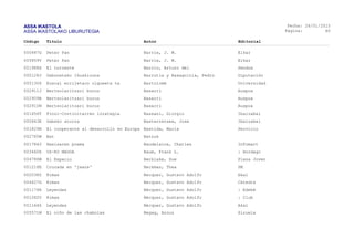 ASSA IKASTOLA
ASSA IKASTOLAKO LIBURUTEGIA
Fecha:
Página:
26/01/2015
60
Código Título Autor Editorial
000487G Peter Pan Barrie, J. M. Elkar
005859V Peter Pan Barrie, J. M. Elkar
001988X El torrente Barrio, Arturo del Sendoa
000128J Gabonetako Ikuskizuna Barrutia y Basagoitia, Pedro Diputación
000130S Euscal errijetaco olgueeta ta Bartolomé Universidad
002911J Bertsolaritzari buruz Basarri Auspoa
002909B Bertsolaritzari buruz Basarri Auspoa
002910N Bertsolaritzari buruz Basarri Auspoa
001656T Finzi-Continitarren lorategia Bassani, Giorgio Ibaizabal
000643E Gabeko atorra Basterretxea, Jose Ibaizabal
001829N El cooperante al desarrollo en Europa Bastida, María Servicio
002785W Bat Batzuk
001784J Haxixaren poema Baudelaire, Charles Infomart
003460X OZ-KO MAGOA Baum, Frank L. : Hordago
004786W El Espacio Becklake, Sue Plaza Joven
001218E Cruzada en 'jeans' Beckman, Thea SM
002038Z Rimas Becquer, Gustavo Adolfo Akal
004627G Rimas Becquer, Gustavo Adolfo Cátedra
001174R Leyendas Bécquer, Gustavo Adolfo : Edebé
001282V Rimas Bécquer, Gustavo Adolfo : Club
001164Z Leyendas Bécquer, Gustavo Adolfo Akal
005571M El niño de las chabolas Begag, Azouz Siruela
 