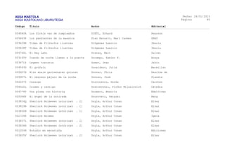 ASSA IKASTOLA
ASSA IKASTOLAKO LIBURUTEGIA
Fecha:
Página:
26/01/2015
85
Código Título Autor Editorial
004580A Los Olchis van de cumpleaños DIETL, Erhard Pearson
005643P Los pendientes de la maestra Díez Navarro, Mari Carmen GRAÓ
005429R Vidas de filósofos ilustres Diógenes Laercio Iberia
005428T Vidas de filósofos ilustres Diógenes Laercio Iberia
005746L El Rey León Disney, Walt Salvat
003145V Cuando de noche llaman a la puerta Docampo, Xabier P. Anaya
003671Z Legeen tratatua Domat, Jean Jakin
004563D El grúfalo Donaldson, Julia Macmillan
005607H Nire anaia gazteenaren gutunak Donner, Chris Desclée de
005907L El obsceno pájaro de la noche Donoso, José Planeta
002237Y Caracas Dorronsoro, Gorka Carsten
006022L Crimen y castigo Dostoevskiï, Fiodor Mijaïlovich Cátedra
004778V Una pluma con historia Doumerc, Beatriz Edelvives
005366F El ángel de la retirada Dounovetz, Serguei Bang
003834Q Sherlock Holmesen istorioak . 2] Doyle, Arthur Conan Elkar
003829B Sherlock Holmesen istorioak . 1] Doyle, Arthur Conan Elkar
003830N Sherlock Holmesen istorioak . 1] Doyle, Arthur Conan Elkar
002729S Sherlock Holmes Doyle, Arthur Conan Igela
003837L Sherlock Holmesen istorioak . 2] Doyle, Arthur Conan Elkar
003836H Sherlock Holmesen istorioak . 2] Doyle, Arthur Conan Elkar
001053H Estudio en escarlata Doyle, Arthur Conan Ediciones
003835V Sherlock Holmesen istorioak . 2] Doyle, Arthur Conan Elkar
 