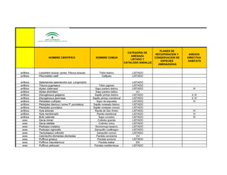 NOMBRE CIENTIFICO NOMBRE COMUN
CATEGORIA DE
AMENAZA
LISTADO Y
CATALOGO ANDALUZ
PLANES DE
RECUPERACION Y
CONSERVACION DE
ESPECIES
AMENAZADAS
ANEXOS
DIRECTIVA
HABITATS
anfibios Lissotriton boscai (antes Triturus boscai) Tritón ibérico LISTADO
anfibios Pleurodeles waltl Gallipato LISTADO
anfibios Salamandra salamandra sub. Longirostris LISTADO
anfibios Triturus pygmaeus Tritón pigmeo LISTADO
anfibios Alytes cisternasii Sapo partero ibérico LISTADO IV
anfibios Alytes dickhilleni Sapo partero bético VU
anfibios Discoglossus galganoi Sapillo pintojo ibérico LISTADO II, IV
anfibios Discoglossus jeanneae Sapillo pintojo meridional LISTADO II, IV
anfibios Pelobates cultripes Sapo de espuelas LISTADO IV
anfibios Pelodytes ibericus ( antes P. punctatus) Sapillo moteado ibérico LISTADO
anfibios Pelodytes punctatus Sapillo moteado común LISTADO
anfibios Hyla arborea Ranita de San Antón LISTADO IV
anfibios Hyla meridionalis Ranita meridional LISTADO IV
anfibios Bufo calamita Sapo corredor LISTADO IV
aves Gavia immer Colimbo grande LISTADO
aves Gavia stellata Colimbo chico LISTADO
aves Podiceps cristatus Somormujo lavanco LISTADO
aves Podiceps nigricollis Zampullín cuellinegro LISTADO
aves Tachybaptus ruficollis Zampullín común LISTADO
aves Calonectris diomedea diomedea Pardela cenicienta VU
aves Puffinus griseus Pardela sombría LISTADO
aves Puffinus mauretanicus Pardela balear EN
aves Puffinus yelkouan Pardela mediterránea LISTADO
 