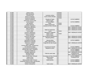 FLORA Zostera marina LISTADO
FLORA Riella helicophylla LISTADO
FLORA Leontodon boryi Leontodon de Bory LISTADO
FLORA Senecio nevadensis Suzón de Sierra Nevada LISTADO
FLORA Orobanche densiflora LISTADO
FLORA Hieracium texedense Pelosilla de Tejeda EN ALTAS CUMBRES
FLORA Hydrocharis morsus-ranae Hierba de agua EN
FLORA Jurinea fontqueri Jurinea de Mágina EN ALTAS CUMBRES
FLORA Ilex aquifolium Acebo LISTADO
FLORA Isoetes setaceum Helecho gramma fino LISTADO
FLORA Laserpitium longiradium Laserpicio de Sierra Nevada EN ALTAS CUMBRES
FLORA Adenocarpus gibbsianus VU DUNAS Y ARENALES COSTEROS
FLORA Allium pruinatum VU DUNAS Y ARENALES COSTEROS
FLORA Limonium estevei Salado de Carboneras EN DUNAS Y ARENALES COSTEROS
FLORA Laurus nobilis Laurel LISTADO
FLORA Limonium malacitanum Siempreviva malagueña EN DUNAS Y ARENALES COSTEROS
FLORA Limonium emarginatum Salado costero LISTADO
FLORA Althenia orientalis Hierba de agua VU
FLORA Anacyclus alboranensis Anacyclus de Alborán/manzanilla de Alboran
VU DUNAS Y ARENALES COSTEROS
FLORA Anthemis bourgaei Margarita gaditana VU DUNAS Y ARENALES COSTEROS
FLORA Anthyllis rupestris VU
FLORA Gypsophila montserratii Jabonera bética VU ALTAS CUMBRES
FLORA Helianthemum alypoides Javilla, Jarilla de Sorba VU
FLORA Antirrhinum charidemi Dragoncillo del cabo de gata VU DUNAS Y ARENALES COSTEROS
FLORA Arabis margaritae VU
FLORA Armeria villosa subsp. carratracensis VU
FLORA Hormathophylla baetica Cucharicas de Cazorla VU ALTAS CUMBRES
FLORA Hymenostemma pseudanthemis Margarita de arena VU DUNAS Y ARENALES COSTEROS
FLORA Artemisia alba subsp. nevadensis VU ALTAS CUMBRES
FLORA Artemisia umbelliformis VU ALTAS CUMBRES
FLORA Astragalus algarbiensis VU DUNAS Y ARENALES COSTEROS
FLORA Marsilea batardae Trébol de cuatro hojas EN PTERIDOFITOS
FLORA Astragalus edulis VU DUNAS Y ARENALES COSTEROS
FLORA Iberis carnosa subsp. embergeri Carraspique de Sierra Nevada VU ALTAS CUMBRES
FLORA Isoetes durieui Helecho grama VU PTERIDOFITOS
FLORA Avena murphyi Avena Fina VU
FLORA Betula pendula subsp. fontqueri Abedul péndulo VU ALTAS CUMBRES
FLORA Campanula lusitanica subsp. specularioides VU ALTAS CUMBRES
FLORA Campanula primulifolia VU
FLORA Carduus myriacanthus Cardo costero VU DUNAS Y ARENALES COSTEROS
 