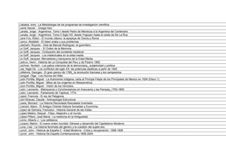 Lakatos, Imre - La Metodologia de los programas de investigacion cientifica
Lamb Harold - Gnegis Kan
Lanata, Jorge - Argentinos. Tomo I desde Pedro de Mendoza a la Argentina del Centenario
Lanata, Jorge - Argentinos. Tomo II Siglo XX: desde Yrigoyen hasta la caída de De La Rua
Lane Fox, Robin - El mundo clásico: la epopeya de Grecia y Roma
Laroui, Abdallah - El Islam arabe y sus problemas
Latcham, Ricardo - Vida de Manuel Rodriguez: el guerrillero
Le Goff, Jacques - El Orden de la Memoria
Le Goff, Jacques - Civilización del occidente medieval
Le Goff, Jacques - Los intelectuales en la edad media
Le Goff, Jacques- Mercaderes y banqueros de la Edad Media
Lebrun, Henri - Historia de La Conquista del Peru y de Pizarro 1892
Lechner, Norbert - Los patios interiores de la democracia_ subjetividad y política
Lee, Nigel De - Los conflictos del siglo XX: las potencias asiáticas a partir de 1945
Lefebvre, Georges - El gran panico de 1789_ la revolución francesa y los campesinos
Lengyel, Olga - Los Hornos de Hitler
León Portilla, Miguel - La Autonomia Indigena, carta al Principe Felipe de los Principales de Mexico en 1554 (Disco 1)
León Portilla, Miguel - Mitos de los orígenes en Mesoamérica
Leon Portilla, Miguel - Visión de los Vencidos
León, Leonardo - Maloqueros y Conchavadores en Araucanía y las Pampas_1700-1800
León, Leonardo - Parlamento de Tapihue, 1774
Lepot, Francois - El rey de Patagonia
Lévi-Strauss, Claude - Antropología Estructural
Lewis, Bernard - La Historia Recordada Rescatada Inventada
Liverani, Mario - El Antiguo Oriente Historia Sociedad y Economia
López de Gómara, Francisco - Historia General de las Indias
Lopez Melero, Raquel - Filipo, Alejandro y el mundo
López Piñero, José María - La medicina en la Antiguedad
Lorrio, Alberto J - Los celtiberos
Lozano, Martín - El nuevo orden mundial: Génesis y desarrollo del Capitalismo Moderno
Luna, Lola - La historia feminista del género y la cuestión del sujeto-doc
Lynch, John - Historia de España 5 - Edad Moderna - Crisis y recuperación, 1598-1808
Lynch, John - Historia De España Contemporanea 1808-2004
 
