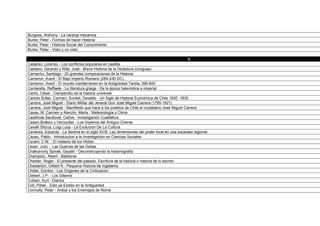 Burgess, Anthony - La naranja mecanica
Burke, Peter - Formas de hacer Historia
Burke, Peter - Historia Social del Conocimiento
Burke, Peter - Visto y no visto

                                                                                             C
Cadarso, Lorenzo - Los conflictos populares en castilla
Caetano, Gerardo y Rilla, José - Breve Historia de la Dictadura (Uruguay)
Camacho, Santiago - 20 grandes conspiraciones de la Historia
Cameron, Averil - El Bajo Imperio Romano (284-430 DC)
Cameron, Averil - El mundo mediterráneo en la Antigüedad Tardía, 395-600
Cantarella, Raffaele - La literatura griega - De la época helenística e imperial
Cantú, César - Compendio de la historia universal
Cariola Sutter, Carmen; Sunkel, Osvaldo - Un Siglo de Historia Económica de Chile 1830 -1930
Carrera, José Miguel - Diario Militar del Jeneral Don José Miguel Carrera (1785-1821)
Carrera, José Miguel - Manifiesto que hace a los pueblos de Chile el ciudadano José Miguel Carrera
Casas, M. Carmen y Alarcón, Marta - Meteorología y Clima
Casilimas Sandoval, Carlos - Investigación Cualitativa
Cassin,Bottero y Vercoutter - Los Imperios del Antiguo Oriente
Cavalli Sforza, Luigi Luca - La Evolucion De La Cultura
Cavieres, Eduardo - La Serena en el siglo XVIII. Las dimensiones del poder local en una sociedad regional
Cazau, Pablo - Introduccion a la Investigacion en Ciencias Sociales
Ceram, C.W. - El misterio de los Hititas
Cesar, Julio - Las Guerras de las Galias
Chakravorty Spivak, Gayatri - Deconstruyendo la historiografía
Champdor, Albert - Babilonia
Chartier, Roger - El presente del pasado. Escritura de la historia o historia de lo escrito
Chesterton, Gilbert K.- Pequena Historia de Inglaterra
Childe, Gordon - Los Origenes de la Civilizacion
Clebert, J.P. - Los Gitanos
Cobain, Kurt - Diarios
Coll, Pieter - Esto ya Existio en la Antiguedad
Connolly, Peter - Anibal y los Enemigos de Roma
 