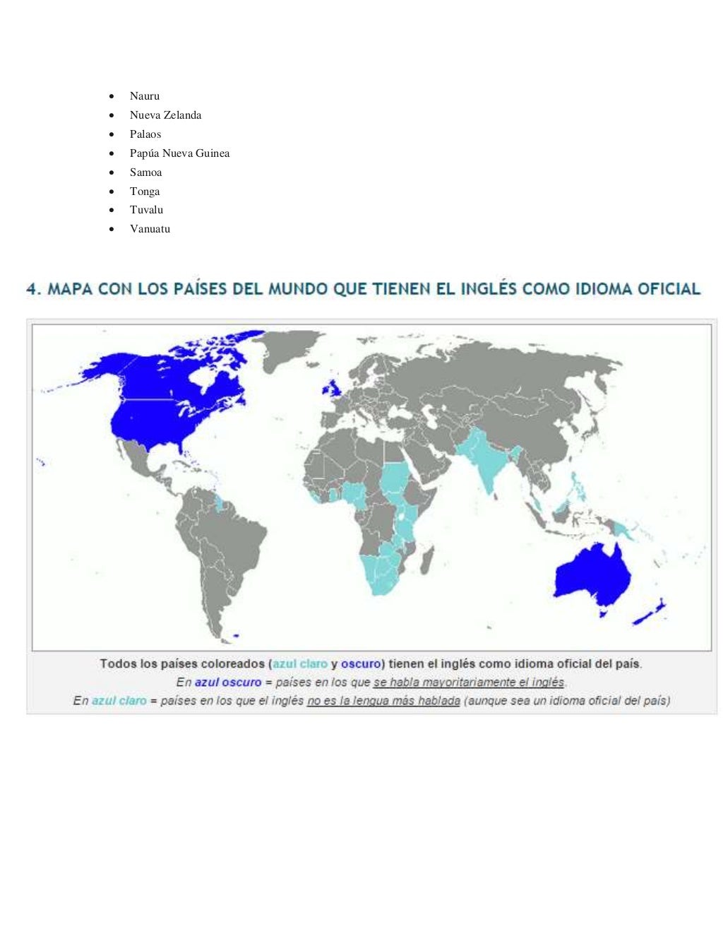 Listado de paises en los que se habla inglés