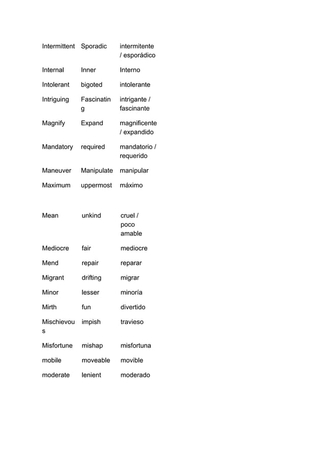 Listado de sinonimos en ingles