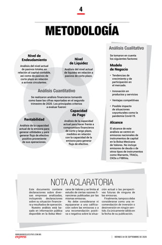 WWW.MUNDOEJECUTIVO.COM.MX
VIERNES 04 DE SEPTIEMBRE DE 2020
4
METODOLOGÍA
Este documento contiene
declaraciones sobre diver-
sas empresas analizadas,
incluyendo declaraciones
sobre su situación financie-
ra y resultados de operación.
Nuestro análisis está ba-
sado en información pública
disponible en la Bolsa Mexi-
cana de Valores y se limita al
estudio de ciertas razones fi-
nancieras publicadas por las
mismas emisoras.
No debe considerarse ni
equipararse a una califica-
ción sobre las emisoras o a
una recomendación positi-
va o negativa sobre la situa-
ción actual o las perspecti-
vas futuras de ninguna de
las emisoras.
Finalmente, tampoco debe
considerarse como una re-
comendación de inversión o
desinversión en ningún sen-
tido. Es únicamente válido en
la fecha de su publicación.
NOTA ACLARATORIA
Análisis Cualitativo
Nivel de
Endeudamiento
Análisis del nivel actual
de pasivos totales en
relación al capital contable,
así como de pasivos de
corto plazo en relación
a activos circulantes.
Nivel
de Liquidez
Análisis del nivel actual
de liquidez en relación a
pasivos de corto plazo.
Capacidad
de Pago
Análisis de la capacidad
actual para hacer frente a
compromisos financieros
de corto y largo plazo,
medidos en relación
con la capacidad de la
emisora para generar
flujo de efectivo.
Rentabilidad
Análisis de la capacidad
actual de la emisora para
generar utilidades y para
generar flujo de efectivo
positivo proveniente
de sus operaciones.
Se tomaron en cuenta
los siguientes factores:
Alcance
El alcance de este
análisis se centró en
emisoras nacionales de
instrumentos de capital
en la Bolsa Mexicana
de Valores. No incluye
emisores de deuda o de
otros tipos de instrumentos
como Warrants, TRACs,
CKDs o FIBRAs.
Modelo
de Negocio
•	 Tendencias de
crecimiento y de
participación en
el mercado.
•	 Innovación en
productos y servicios
•	 Ventajas competitivas
•	 Posible impacto
de situaciones
coyunturales como la
pandemia Covid-19.
Se realizaron análisis financieros tomando
como base las cifras reportadas en el segundo
trimestre de 2020. Los principales criterios
a evaluar fueron:
Análisis Cuantitativo
 