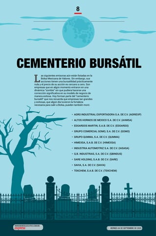 WWW.MUNDOEJECUTIVO.COM.MX
VIERNES 04 DE SEPTIEMBRE DE 2020
8
•	 AGRO INDUSTRIAL EXPORTADORA S.A. DE C.V. (AGRIEXP)
•	 ALTOS HORNOS DE MEXICO S.A. DE C.V. (AHMSA)
•	 EDOARDOS MARTIN, S.A.B. DE C.V. (EDOARDO)
•	 GRUPO COMERCIAL GOMO, S.A. DE C.V. (GOMO)
•	 GRUPO QUMMA, S.A. DE C.V. (QUMMA)
•	 HIMEXSA, S.A.B. DE C.V. (HIMEXSA)
•	 INDUSTRIA AUTOMOTRIZ S.A. DE C.V. (IASASA)
•	 Q.B. INDUSTRIAS, S.A. DE C.V. (QBINDUS)
•	 SARE HOLDING, S.A.B. DE C.V. (SARE)
•	 SAVIA, S.A. DE C.V. (SAVIA)
•	 TEKCHEM, S.A.B. DE C.V. (TEKCHEM)
CEMENTERIO BURSÁTIL
L
as siguientes emisoras aún están listadas en la
Bolsa Mexicana de Valores. Sin embargo, sus
acciones tienen una bursatilidad prácticamente
nula y el precio de su acción es cercano a cero. Son
empresas que en algún momento entraron en una
dinámica “zombie” sin que pudiera hacerse una
corrección significativa en su modelo de negocio de
manera exitosa. Hoy forman parte del “cementerio
bursátil” que nos recuerda que empresas tan grandes
y exitosas, que algún día tuvieron la fortaleza
necesaria para salir a Bolsa, pueden también morir.
 