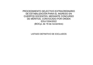 PROCEDIMIENTO SELECTIVO EXTRAORDINARIO
DE ESTABILIZACIÓN PARA EL INGRESO EN
CUERPOS DOCENTES, MEDIANTE CONCURSO
DE MÉRITOS, CONVOCADO POR ORDEN
EDU/1554/2022
(BOCyL de 18 de noviembre)
LISTADO DEFINITIVO DE EXCLUIDOS
 