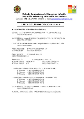 Colegio Concertado de Educación Infantil,
Educación Primaria y Educación Secundaria
Canovas, 8 y FAX: 968-780270. E-mail: ccsantaana@telefonica.net
LISTA DE LIBROS CURSO 2014/2015
PRIMER CICLO DE E. PRIMARIA: CURSO 1º
LENGUA trimestral MAR DE PALABRAS SAVIA - 14, EDITORIAL: SM)
ISBN: 9788467570229
MATEMÁTICAS trimestral MAR DE PALABRAS SAVIA - 14, EDITORIAL: SM
ISBN: 9788467570182
CIENCIAS DE LA SOCIALES GRAL. integrado SAVIA - 14, EDITORIAL: SM
ISBN: 9788467570199
ÁREA: RELIGIÓN TÍTULO: “KAIRE SAVIA -14”
EDITORIAL: SM ISBN: 9788467568073
ÁREA: MÚSICA EDITORIAL: MARFIL
ISBN: 978-84-268-1551-4
ÁREA: INGLÉS EDITORIAL: MACMILLAN
TÍTULO: “QUEST 1 PB PACK NE” ISBN: 978-0-230-47897-8
TÍTULO: “QUEST 1 ACT” ISBN: 978-0-230-47771-1
CUADERNOS DE MATEMÁTICAS (SAVIA 14, EDITORIAL: SM)
1er
Trimestre - ISBN: 978-84-675-70359
2º Trimestre - ISBN: 978-84-675-70366
3er
Trimestre - ISBN: 978-84-675-70373
CUADERNOS DE LENGUA (PAUTA SAVIA 14, EDITORIAL: SM)
1er
Trimestre - ISBN: 978-84-675-70328
2º Trimestre - ISBN: 978-84-675-70335
3er
Trimestre - ISBN: 978-84-675-70342
LECTURAS PARA EL AULA. 12 COLORES SAVIA 14, EDITORIAL: SM)
ISBN: 978-84-675-71448
PLASTICA Y CIENCIAS DE LA NATURALEZA: Se elegirán en septiembre
 