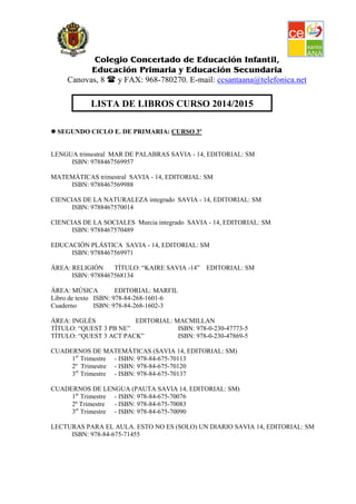 Colegio Concertado de Educación Infantil,
Educación Primaria y Educación Secundaria
Canovas, 8 y FAX: 968-780270. E-mail: ccsantaana@telefonica.net
LISTA DE LIBROS CURSO 2014/2015
SEGUNDO CICLO E. DE PRIMARIA: CURSO 3º
LENGUA trimestral MAR DE PALABRAS SAVIA - 14, EDITORIAL: SM
ISBN: 9788467569957
MATEMÁTICAS trimestral SAVIA - 14, EDITORIAL: SM
ISBN: 9788467569988
CIENCIAS DE LA NATURALEZA integrado SAVIA - 14, EDITORIAL: SM
ISBN: 9788467570014
CIENCIAS DE LA SOCIALES Murcia integrado SAVIA - 14, EDITORIAL: SM
ISBN: 9788467570489
EDUCACIÓN PLÁSTICA SAVIA - 14, EDITORIAL: SM
ISBN: 9788467569971
ÁREA: RELIGIÓN TÍTULO: “KAIRE SAVIA -14” EDITORIAL: SM
ISBN: 9788467568134
ÁREA: MÚSICA EDITORIAL: MARFIL
Libro de texto ISBN: 978-84-268-1601-6
Cuaderno ISBN: 978-84-268-1602-3
ÁREA: INGLÉS EDITORIAL: MACMILLAN
TÍTULO: “QUEST 3 PB NE” ISBN: 978-0-230-47773-5
TÍTULO: “QUEST 3 ACT PACK” ISBN: 978-0-230-47869-5
CUADERNOS DE MATEMÁTICAS (SAVIA 14, EDITORIAL: SM)
1er
Trimestre - ISBN: 978-84-675-70113
2º Trimestre - ISBN: 978-84-675-70120
3er
Trimestre - ISBN: 978-84-675-70137
CUADERNOS DE LENGUA (PAUTA SAVIA 14, EDITORIAL: SM)
1er
Trimestre - ISBN: 978-84-675-70076
2º Trimestre - ISBN: 978-84-675-70083
3er
Trimestre - ISBN: 978-84-675-70090
LECTURAS PARA EL AULA. ESTO NO ES (SOLO) UN DIARIO SAVIA 14, EDITORIAL: SM
ISBN: 978-84-675-71455
 