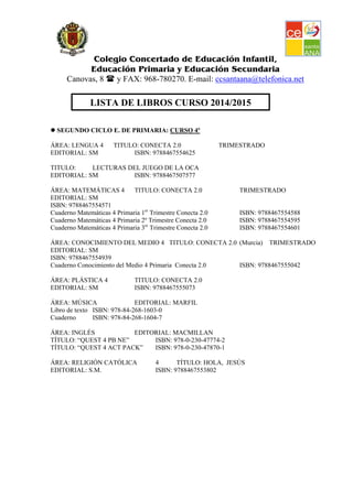 Colegio Concertado de Educación Infantil,
Educación Primaria y Educación Secundaria
Canovas, 8 y FAX: 968-780270. E-mail: ccsantaana@telefonica.net
LISTA DE LIBROS CURSO 2014/2015
SEGUNDO CICLO E. DE PRIMARIA: CURSO 4º
ÁREA: LENGUA 4 TITULO: CONECTA 2.0 TRIMESTRADO
EDITORIAL: SM ISBN: 9788467554625
TITULO: LECTURAS DEL JUEGO DE LA OCA
EDITORIAL: SM ISBN: 9788467507577
ÁREA: MATEMÁTICAS 4 TITULO: CONECTA 2.0 TRIMESTRADO
EDITORIAL: SM
ISBN: 9788467554571
Cuaderno Matemáticas 4 Primaria 1er
Trimestre Conecta 2.0 ISBN: 9788467554588
Cuaderno Matemáticas 4 Primaria 2º Trimestre Conecta 2.0 ISBN: 9788467554595
Cuaderno Matemáticas 4 Primaria 3er
Trimestre Conecta 2.0 ISBN: 9788467554601
ÁREA: CONOCIMIENTO DEL MEDIO 4 TITULO: CONECTA 2.0 (Murcia) TRIMESTRADO
EDITORIAL: SM
ISBN: 9788467554939
Cuaderno Conocimiento del Medio 4 Primaria Conecta 2.0 ISBN: 9788467555042
ÁREA: PLÁSTICA 4 TITULO: CONECTA 2.0
EDITORIAL: SM ISBN: 9788467555073
ÁREA: MÚSICA EDITORIAL: MARFIL
Libro de texto ISBN: 978-84-268-1603-0
Cuaderno ISBN: 978-84-268-1604-7
ÁREA: INGLÉS EDITORIAL: MACMILLAN
TÍTULO: “QUEST 4 PB NE” ISBN: 978-0-230-47774-2
TÍTULO: “QUEST 4 ACT PACK” ISBN: 978-0-230-47870-1
ÁREA: RELIGIÓN CATÓLICA 4 TÍTULO: HOLA, JESÚS
EDITORIAL: S.M. ISBN: 9788467553802
 