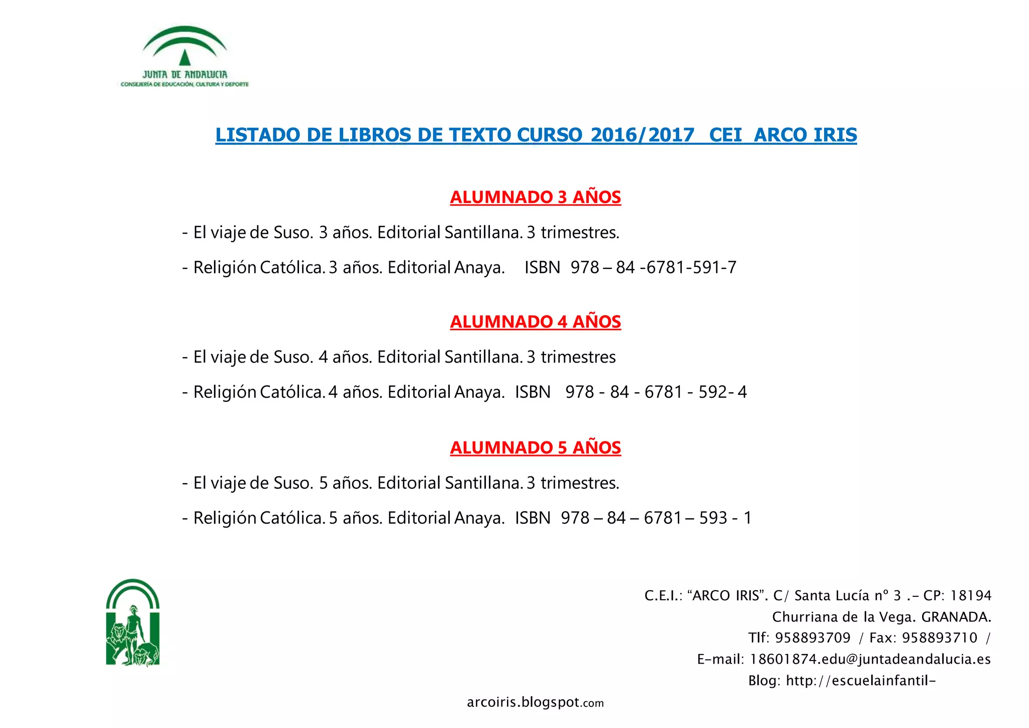 C.E.I.: “ARCO IRIS”. C/ Santa Lucía nº 3 .- CP: 18194
Churriana de la Vega. GRANADA.
Tlf: 958893709 / Fax: 958893710 /
E-mail: 18601874.edu@juntadeandalucia.es
Blog: http://escuelainfantil-
arcoiris.blogspot.com
LISTADO DE LIBROS DE TEXTO CURSO 2016/2017 CEI ARCO IRIS
ALUMNADO 3 AÑOS
- El viaje de Suso. 3 años. Editorial Santillana. 3 trimestres.
- Religión Católica. 3 años. Editorial Anaya. ISBN 978 – 84 -6781-591-7
ALUMNADO 4 AÑOS
- El viaje de Suso. 4 años. Editorial Santillana. 3 trimestres
- Religión Católica. 4 años. Editorial Anaya. ISBN 978 - 84 - 6781 - 592- 4
ALUMNADO 5 AÑOS
- El viaje de Suso. 5 años. Editorial Santillana. 3 trimestres.
- Religión Católica. 5 años. Editorial Anaya. ISBN 978 – 84 – 6781 – 593 - 1