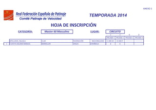 ANEXO 1
CATEGORÍA: Master 60 Masculino LUGAR:
1 1 0 0
PRUEBA 1 PRUEBA 2 PRUEBA 3 PRUEBA 4
APELLIDOS, Nombre CLUB FEDERACIÓN NACIONALIDAD 5.000 M. 10.000 P. ------------ ------------
1 CUESTA OQUINA MANUEL BASROLLER VASCA ESPAÑOLA X X
TEMPORADA 2014
HOJA DE INSCRIPCIÓN
CIRCUITO
 