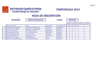 ANEXO 1
CATEGORÍA: Master 30 Femenino LUGAR:
8 8 0 0
PRUEBA 1 PRUEBA 2 PRUEBA 3 PRUEBA 4
APELLIDOS, Nombre CLUB FEDERACIÓN NACIONALIDAD 5.000 M. 10.000 P. ------------ ------------
1 COENEN MAARTJE, ELISABET CLUB PATIN COBRA EL PRAT CATALANA HOLANDESA X X
2 PALOS TOST, ALEXANDRA GIMNASTIC DE TARRAGONA CATALANA ESPAÑOLA X X
3 GARCIA SALAS, REBECA CPV RIVAS IN-GRAVITY MADRILEÑA ESPAÑOLA X X
4 PRADA ANDRADE, ALEIDY CPV RIVAS IN-GRAVITY MADRILEÑA ESPAÑOLA X X
5 MAITE BEROIZ BEORLEGUI A. D. SAN JUAN NAVARRA ESPAÑOLA X X
6 SANTAFE MARTINEZ, Pilar CIUDAD DEL TURIA VALENCIANA ESPAÑOLA X X
7 MONTES CHIVITE, Nagore DONOSTIROLLER VASCA ESPAÑOLA X X
8 MARTINEZ DE LAFUENTE BEREZI EL PILAR MARIANISTAS VASCA ESPAÑOLA X X
TEMPORADA 2014
HOJA DE INSCRIPCIÓN
CIRCUITO
 