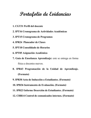 Portafolio de Evidencias

1. CGT31 Perfil del docente
2. IPT16 Cronograma de Actividades Académicas
3. IPT15 Cronograma de Programas
4. IPR24 Planeador de Clases
5. IPT18 Consolidado de Horarios
6. IPT05 Asignación Académica
7. Guía de Enseñanza Aprendizaje: este se entrega en forma
     física a docentes nuevos.
8. IPR43 Programación de la Unidad de Aprendizaje.
     (Formato)
9. IPR30 Acta de Inducción a Estudiantes. (Formato)
10. IPR36 Instrumento de Evaluación. (Formato)
11. IPR23 Informe Deserción de Estudiantes. (Formato)
12. CHR14 Control de comunicados internos. (Formato)
 