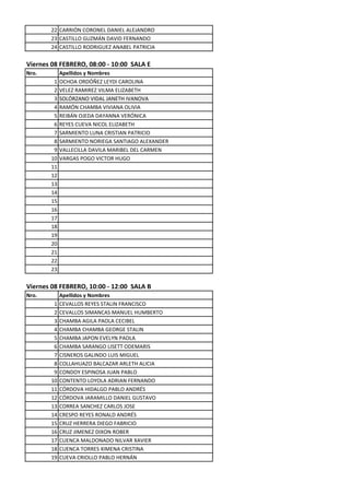 22 CARRIÓN CORONEL DANIEL ALEJANDRO
       23 CASTILLO GUZMÁN DAVID FERNANDO
       24 CASTILLO RODRIGUEZ ANABEL PATRICIA

Viernes 08 FEBRERO, 08:00 - 10:00 SALA E
Nro.        Apellidos y Nombres
        1   OCHOA ORDÓÑEZ LEYDI CAROLINA
        2   VELEZ RAMIREZ VILMA ELIZABETH
        3   SOLÓRZANO VIDAL JANETH IVANOVA
        4   RAMÓN CHAMBA VIVIANA OLIVIA
        5   REIBÁN OJEDA DAYANNA VERÓNICA
        6   REYES CUEVA NICOL ELIZABETH
        7   SARMIENTO LUNA CRISTIAN PATRICIO
        8   SARMIENTO NORIEGA SANTIAGO ALEXANDER
        9   VALLECILLA DAVILA MARIBEL DEL CARMEN
       10   VARGAS POGO VICTOR HUGO
       11
       12
       13
       14
       15
       16
       17
       18
       19
       20
       21
       22
       23

Viernes 08 FEBRERO, 10:00 - 12:00 SALA B
Nro.        Apellidos y Nombres
        1   CEVALLOS REYES STALIN FRANCISCO
        2   CEVALLOS SIMANCAS MANUEL HUMBERTO
        3   CHAMBA AGILA PAOLA CECIBEL
        4   CHAMBA CHAMBA GEORGE STALIN
        5   CHAMBA JAPON EVELYN PAOLA
        6   CHAMBA SARANGO LISETT ODEMARIS
        7   CISNEROS GALINDO LUIS MIGUEL
        8   COLLAHUAZO BALCAZAR ARLETH ALICIA
        9   CONDOY ESPINOSA JUAN PABLO
       10   CONTENTO LOYOLA ADRIAN FERNANDO
       11   CÓRDOVA HIDALGO PABLO ANDRÉS
       12   CÓRDOVA JARAMILLO DANIEL GUSTAVO
       13   CORREA SANCHEZ CARLOS JOSE
       14   CRESPO REYES RONALD ANDRÉS
       15   CRUZ HERRERA DIEGO FABRICIO
       16   CRUZ JIMENEZ DIXON ROBER
       17   CUENCA MALDONADO NILVAR XAVIER
       18   CUENCA TORRES XIMENA CRISTINA
       19   CUEVA CRIOLLO PABLO HERNÁN
 