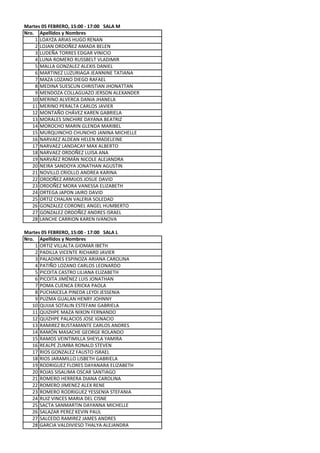 Martes 05 FEBRERO, 15:00 - 17:00 SALA M
Nro. Apellidos y Nombres
    1 LOAYZA ARIAS HUGO RENAN
    2 LOJAN ORDOÑEZ AMADA BELEN
    3 LUDEÑA TORRES EDGAR VINICIO
    4 LUNA ROMERO RUSSBELT VLADIMIR
    5 MALLA GONZALEZ ALEXIS DANIEL
    6 MARTINEZ LUZURIAGA JEANNINE TATIANA
    7 MAZA LOZANO DIEGO RAFAEL
    8 MEDINA SUESCUN CHRISTIAN JHONATTAN
    9 MENDOZA COLLAGUAZO JERSON ALEXANDER
   10 MERINO ALVERCA DANIA JHANELA
   11 MERINO PERALTA CARLOS JAVIER
   12 MONTAÑO CHÁVEZ KAREN GABRIELA
   13 MORALES SINCHIRE DAYANA BEATRIZ
   14 MOROCHO MARIN GLENDA MARIBEL
   15 MURQUINCHO CHUNCHO JANINA MICHELLE
   16 NARVAEZ ALDEAN HELEN MADELEINE
   17 NARVAEZ LANDACAY MAX ALBERTO
   18 NARVAEZ ORDOÑEZ LUISA ANA
   19 NARVÁEZ ROMÁN NICOLE ALEJANDRA
   20 NEIRA SANDOYA JONATHAN AGUSTIN
   21 NOVILLO CRIOLLO ANDREA KARINA
   22 ORDOÑEZ ARMIJOS JOSUE DAVID
   23 ORDOÑEZ MORA VANESSA ELIZABETH
   24 ORTEGA JAPON JAIRO DAVID
   25 ORTIZ CHALAN VALERIA SOLEDAD
   26 GONZALEZ CORONEL ANGEL HUMBERTO
   27 GONZALEZ ORDOÑEZ ANDRES ISRAEL
   28 LANCHE CARRION KAREN IVANOVA

Martes 05 FEBRERO, 15:00 - 17:00 SALA L
Nro. Apellidos y Nombres
    1 ORTIZ VILLALTA GIOMAR IBETH
    2 PADILLA VICENTE RICHARD JAVIER
    3 PALADINES ESPINOZA ARIANA CAROLINA
    4 PATIÑO LOZANO CARLOS LEONARDO
    5 PICOITA CASTRO LILIANA ELIZABETH
    6 PICOITA JIMÉNEZ LUIS JONATHAN
    7 POMA CUENCA ERICKA PAOLA
    8 PUCHAICELA PINEDA LEYDI JESSENIA
    9 PUZMA GUALAN HENRY JOHNNY
   10 QUIJIA SOTALIN ESTEFANI GABRIELA
   11 QUIZHPE MAZA NIXON FERNANDO
   12 QUIZHPE PALACIOS JOSE IGNACIO
   13 RAMIREZ BUSTAMANTE CARLOS ANDRES
   14 RAMÓN MASACHE GEORGE ROLANDO
   15 RAMOS VEINTIMILLA SHEYLA YAMIRA
   16 REALPE ZUMBA RONALD STEVEN
   17 RIOS GONZALEZ FAUSTO ISRAEL
   18 RIOS JARAMILLO LISBETH GABRIELA
   19 RODRIGUEZ FLORES DAYANARA ELIZABETH
   20 ROJAS SISALIMA OSCAR SANTIAGO
   21 ROMERO HERRERA DIANA CAROLINA
   22 ROMERO JIMENEZ ALEX RENE
   23 ROMERO RODRIGUEZ YESSENIA STEFANIA
   24 RUIZ VINCES MARIA DEL CISNE
   25 SACTA SANMARTIN DAYANNA MICHELLE
   26 SALAZAR PEREZ KEVIN PAUL
   27 SALCEDO RAMIREZ JAMES ANDRES
   28 GARCIA VALDIVIESO THALYA ALEJANDRA
 